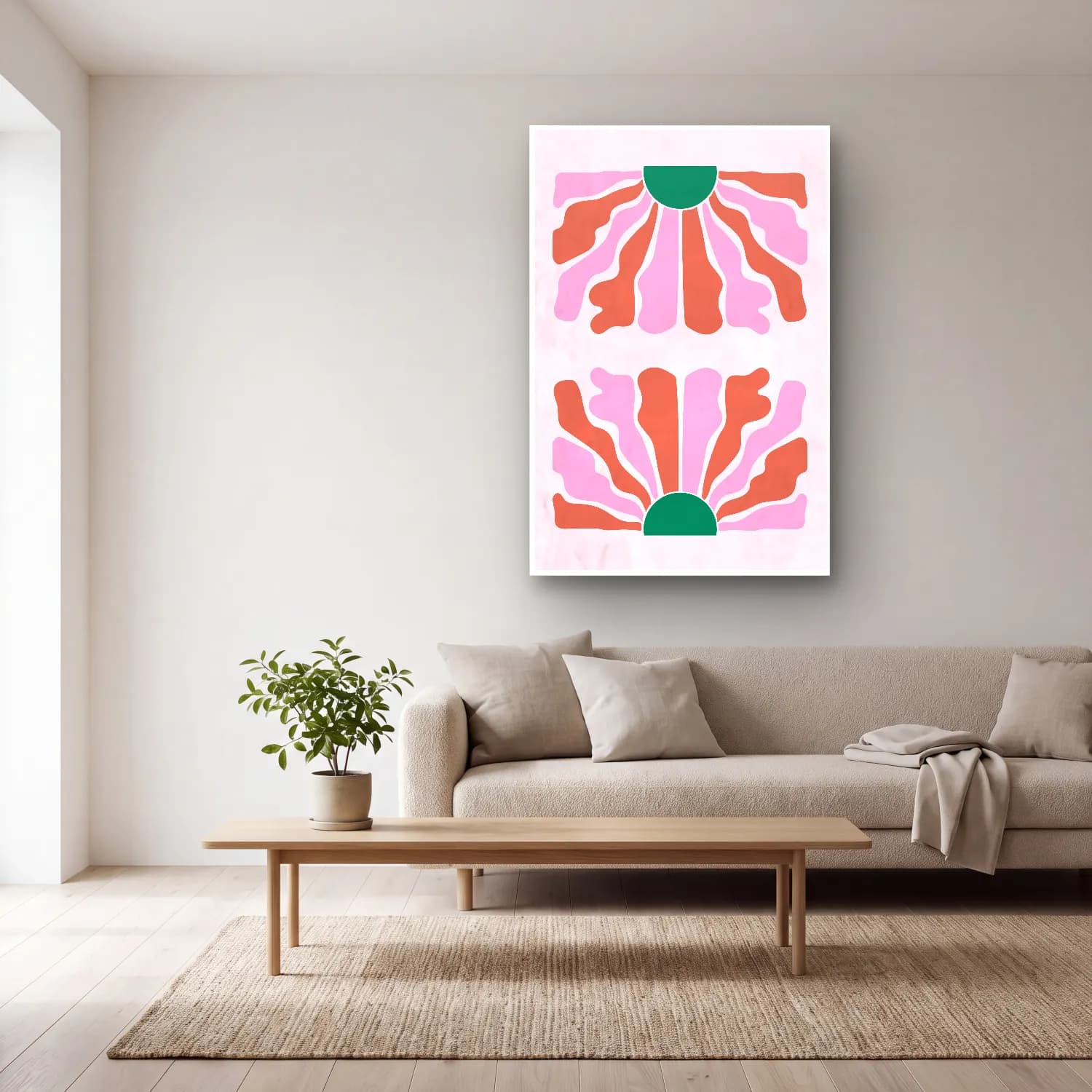 Boho Çiçek Deseni No. 15 cam tablo — açık renk salonda