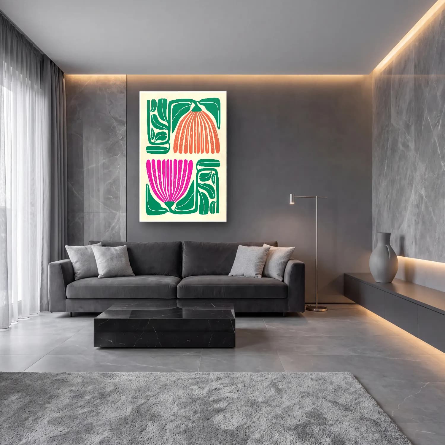 Boho Çiçek Deseni No. 16 cam tablo — lüks salon duvarında