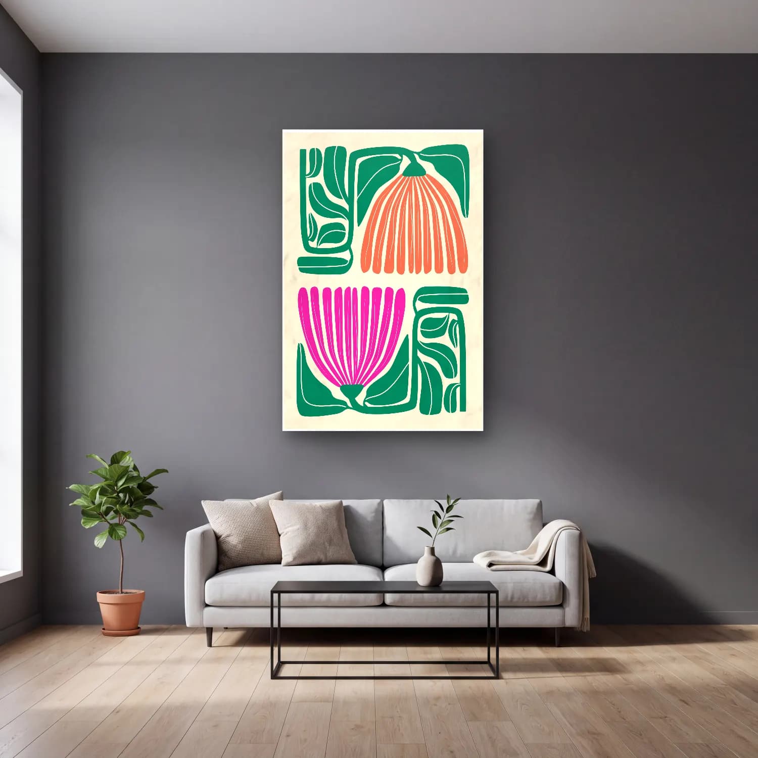 Boho Çiçek Deseni No. 16 cam tablo — gri duvarlı salonda