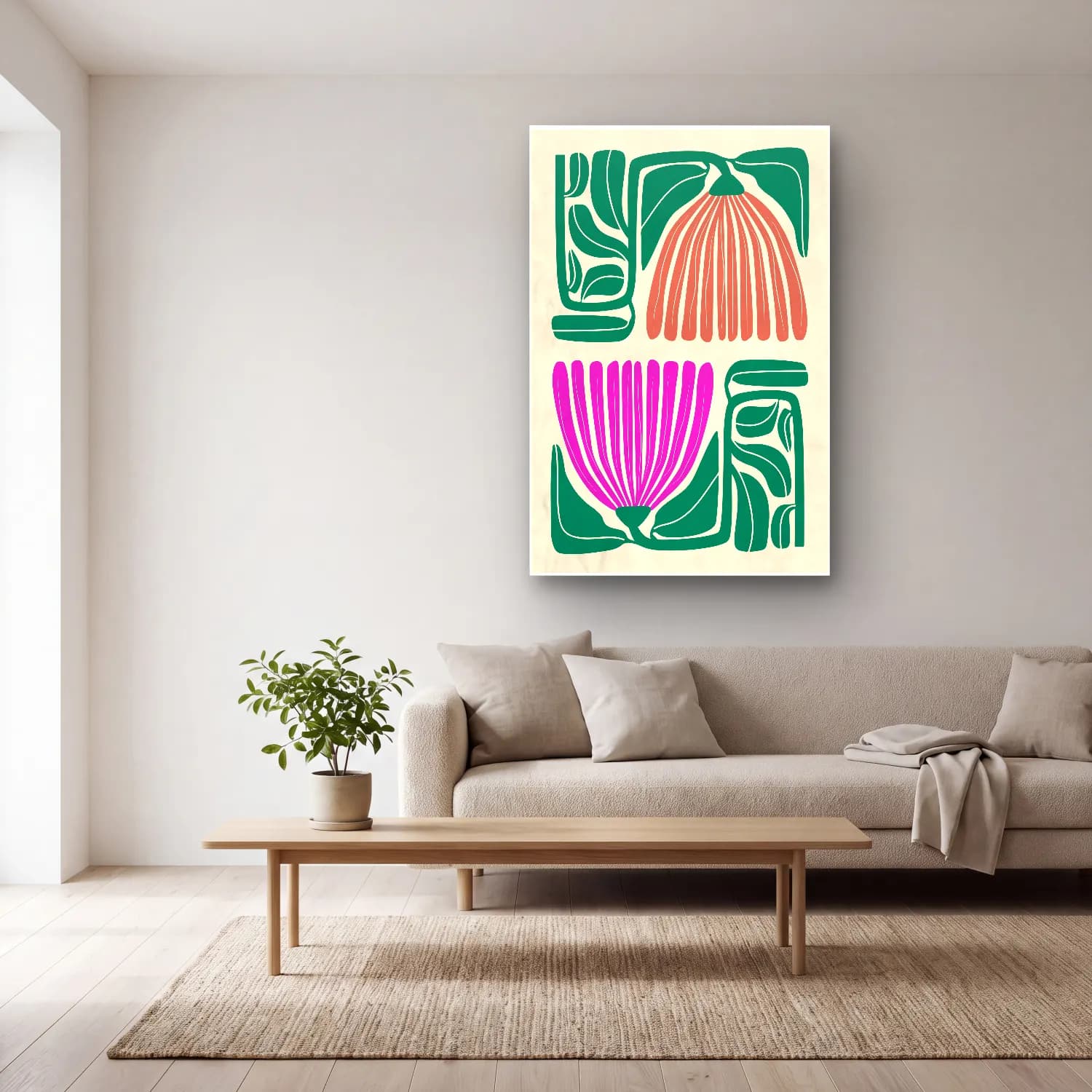 Boho Çiçek Deseni No. 16 cam tablo — açık renk salonda