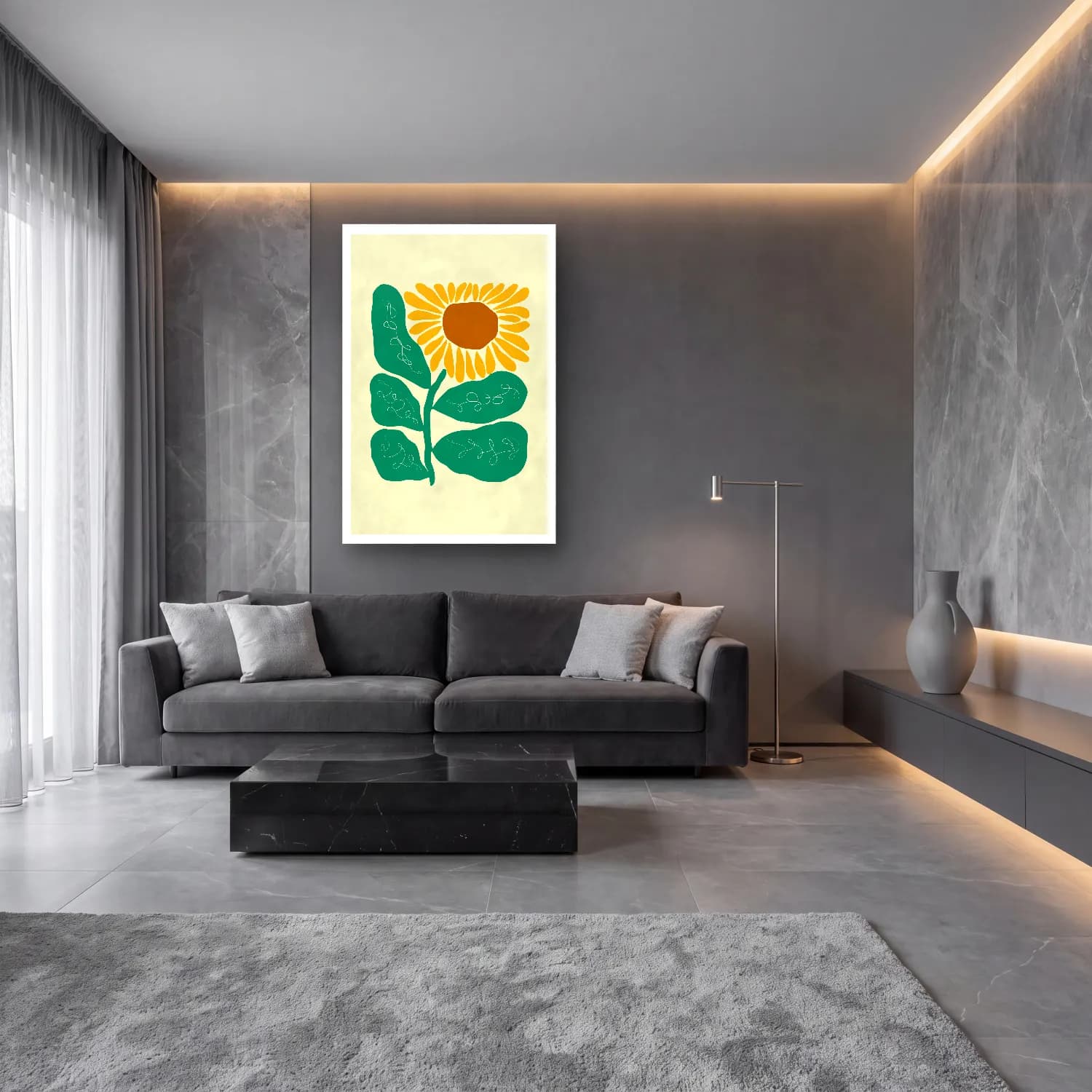 Boho Ayçiçekleri cam tablo — lüks salon duvarında