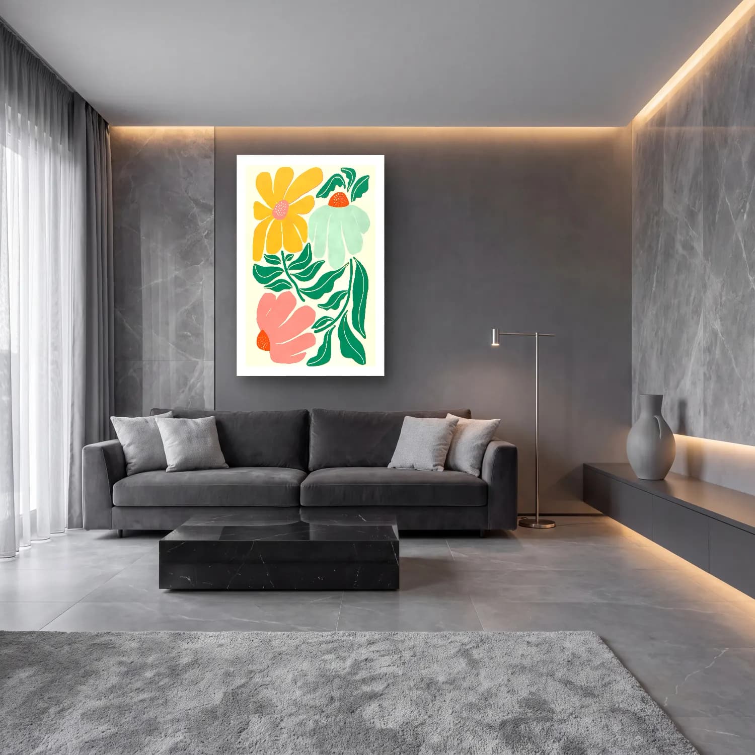 Pastel Çiçek Deseni – Pastel Tonlar cam tablo — lüks salon duvarında