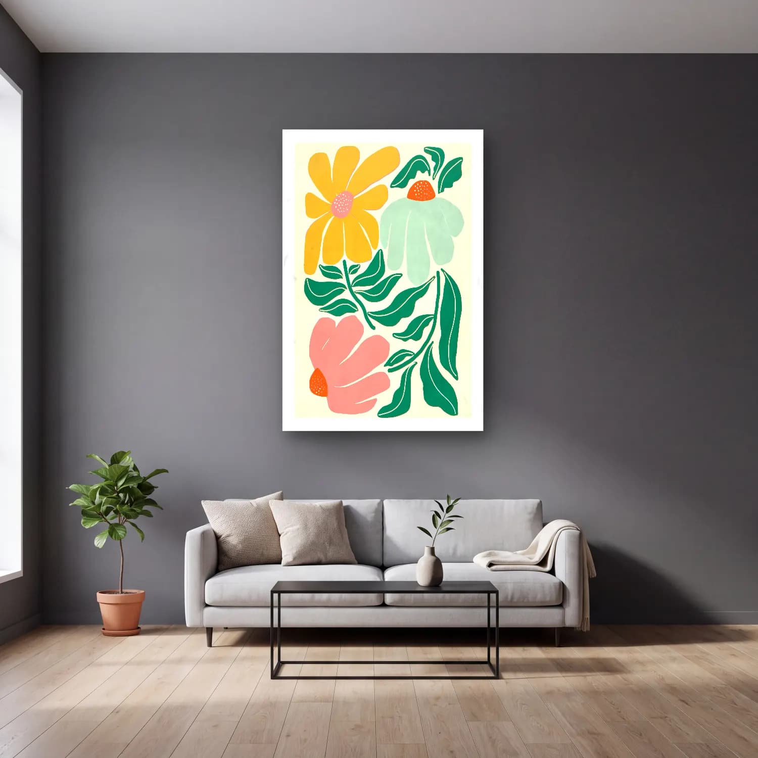 Pastel Çiçek Deseni – Pastel Tonlar cam tablo — gri duvarlı salonda