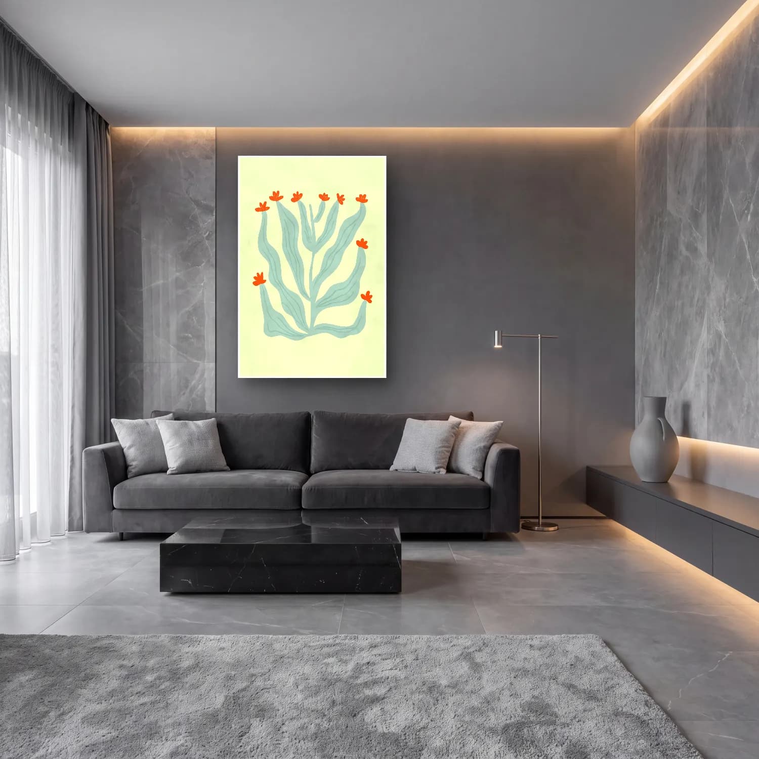Pastel Çiçek Deseni – Turkuaz Tonlar cam tablo — lüks salon duvarında