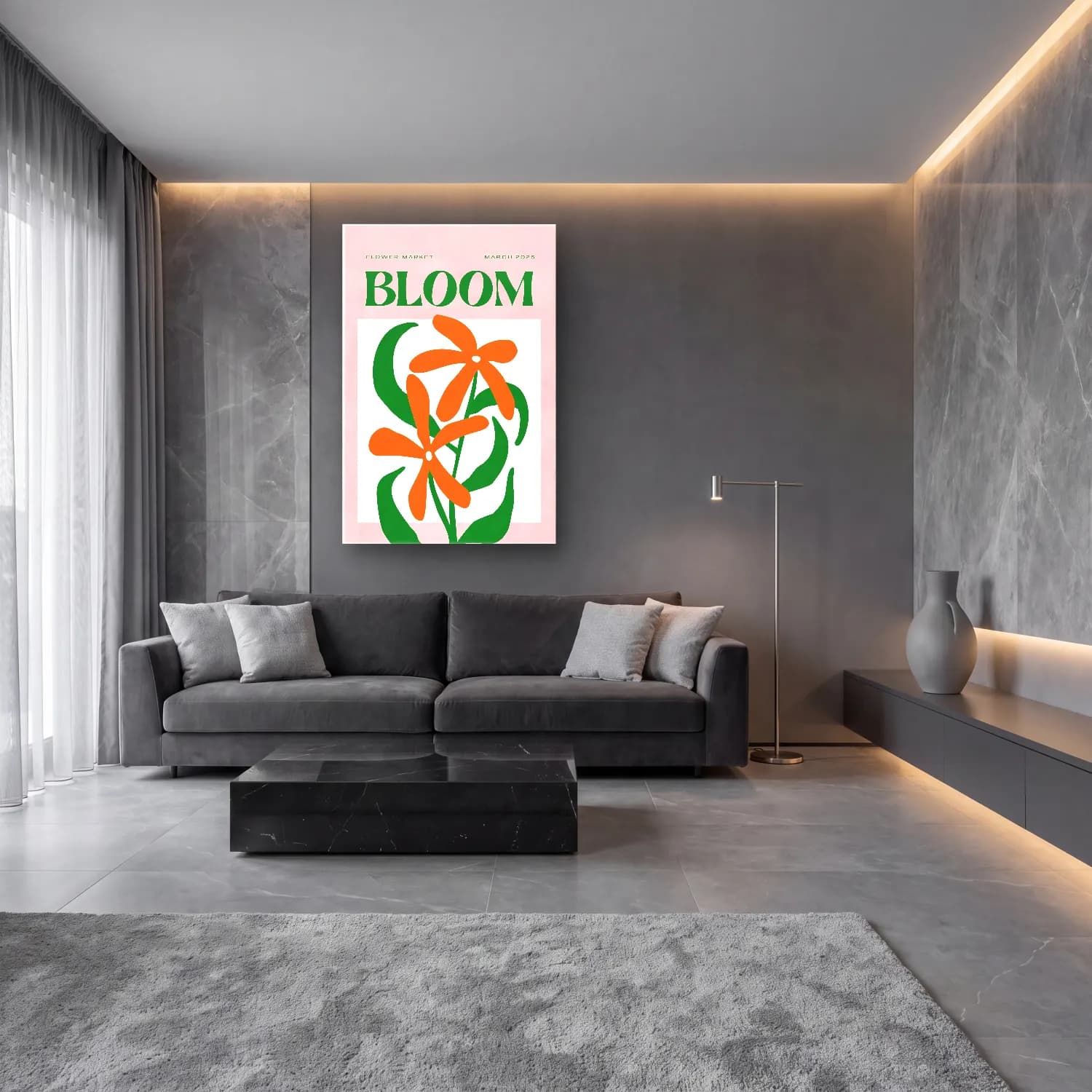 Pastel Çiçek Deseni – Turuncu Tonlar cam tablo — lüks salon duvarında