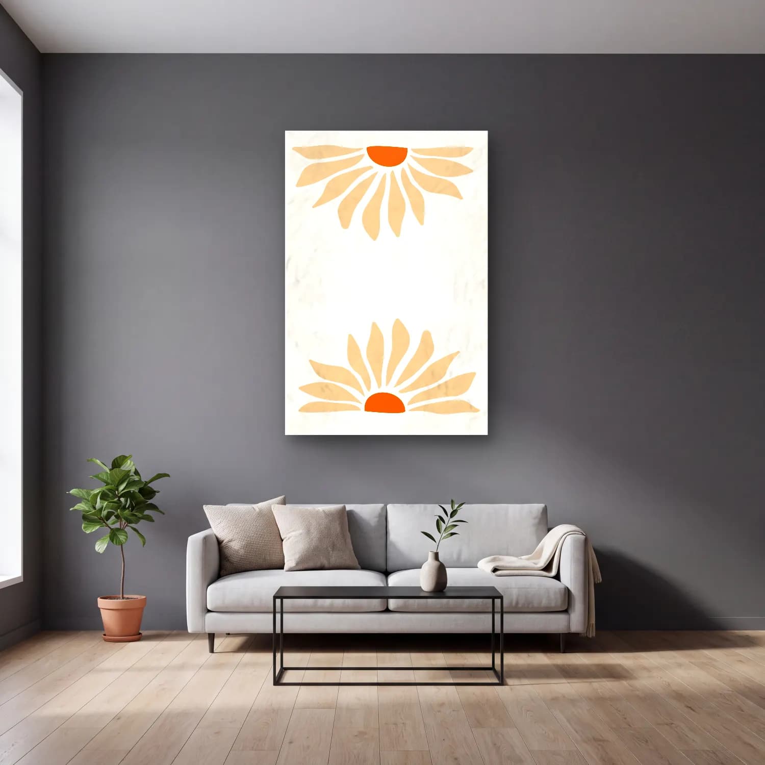 Boho Çiçek Deseni No. 19 cam tablo — gri duvarlı salonda