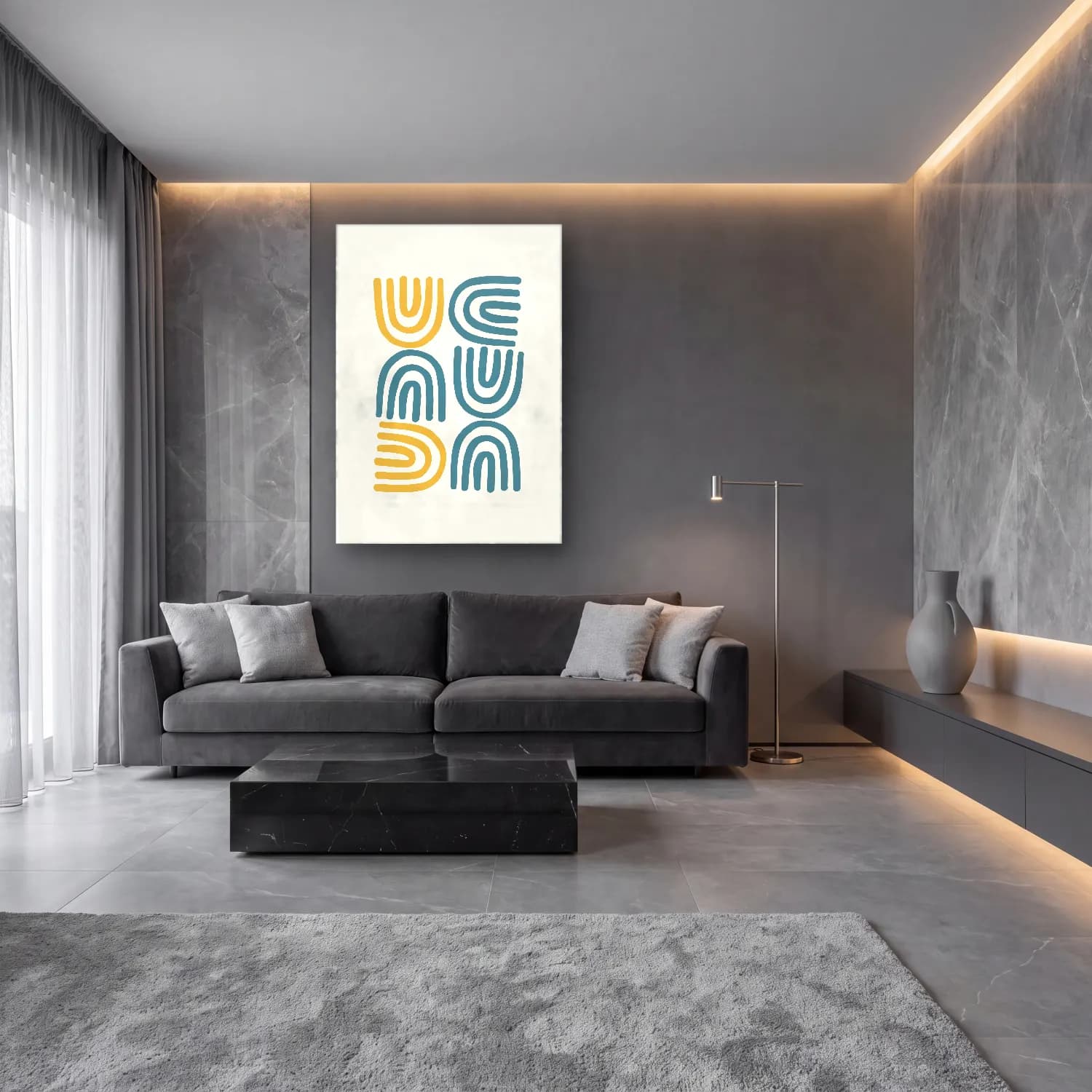 Boho Soyut Kemer – Turkuaz Tonlar cam tablo — lüks salon duvarında