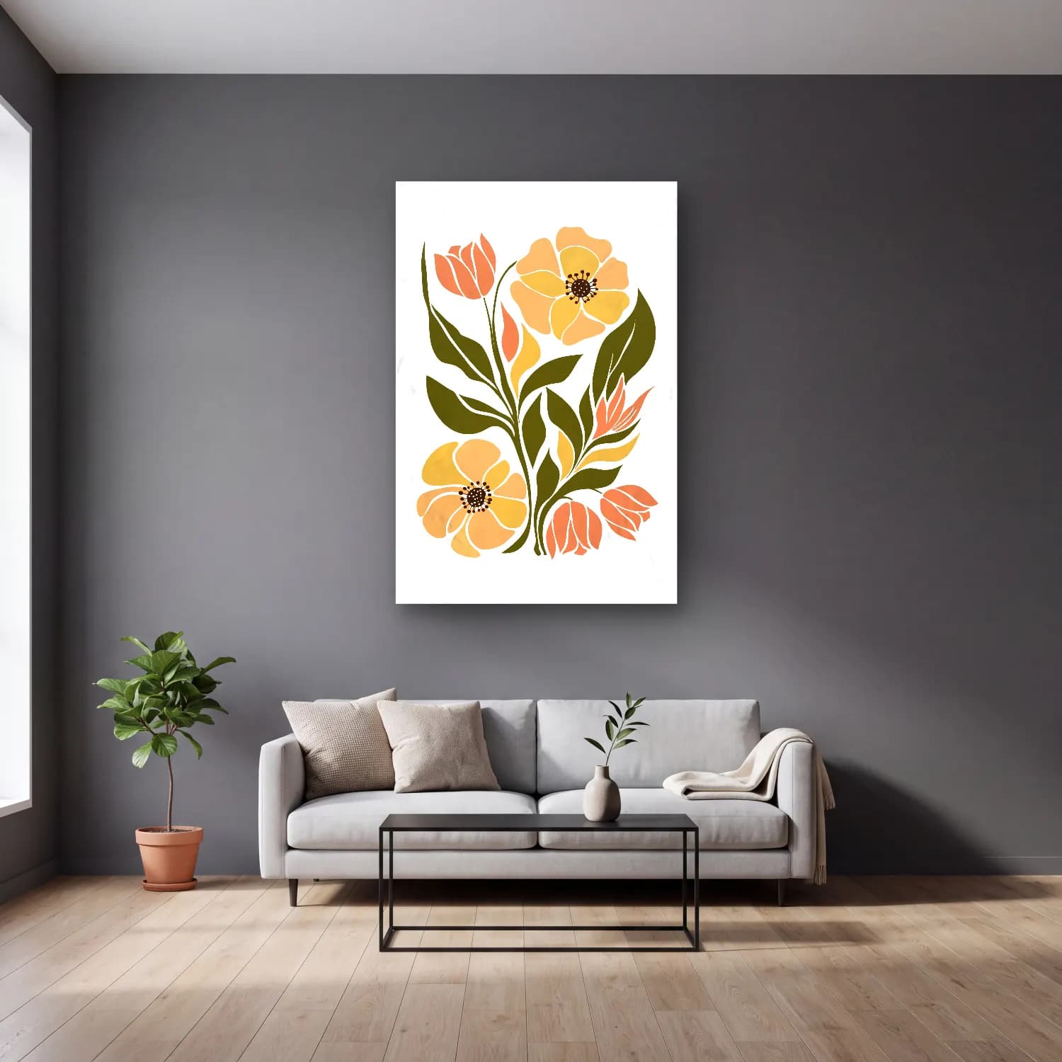 Boho Çiçek Deseni No. 20 cam tablo — gri duvarlı salonda