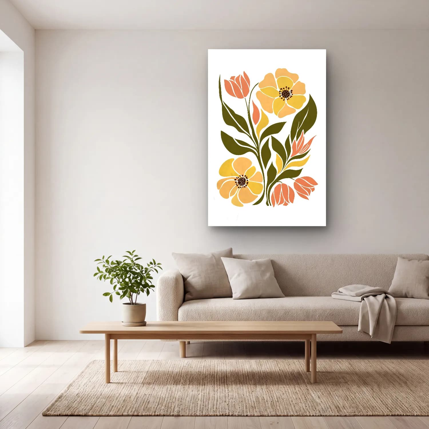 Boho Çiçek Deseni No. 20 cam tablo — açık renk salonda