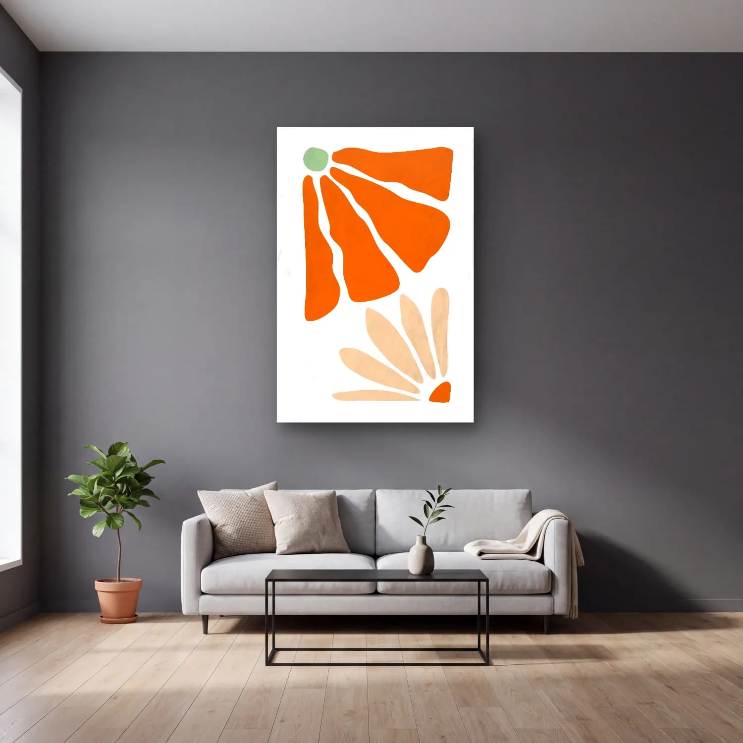 Boho Çiçek Deseni No. 22 cam tablo — gri duvarlı salonda