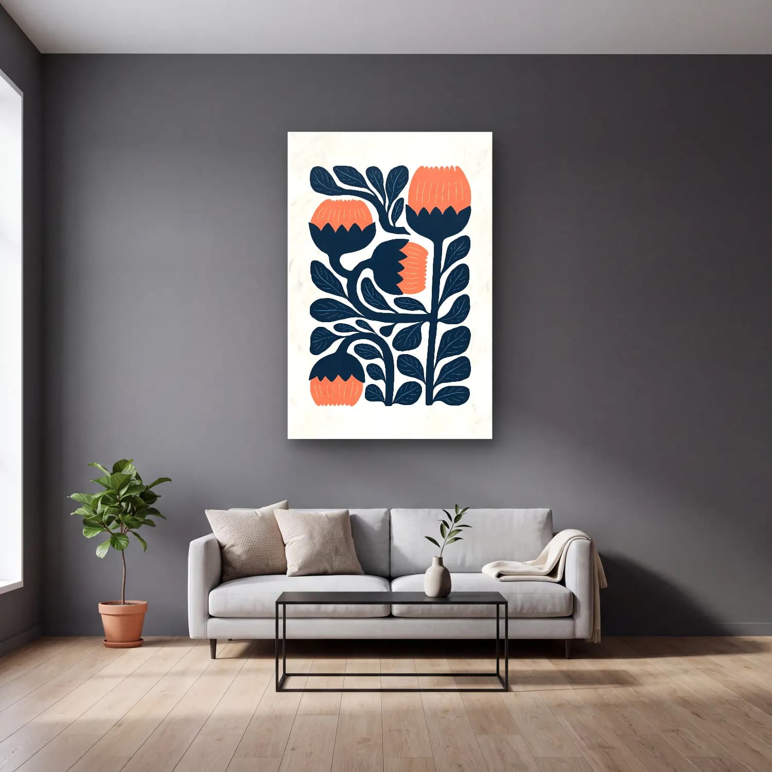 Boho Çiçek Deseni No. 24 cam tablo — gri duvarlı salonda