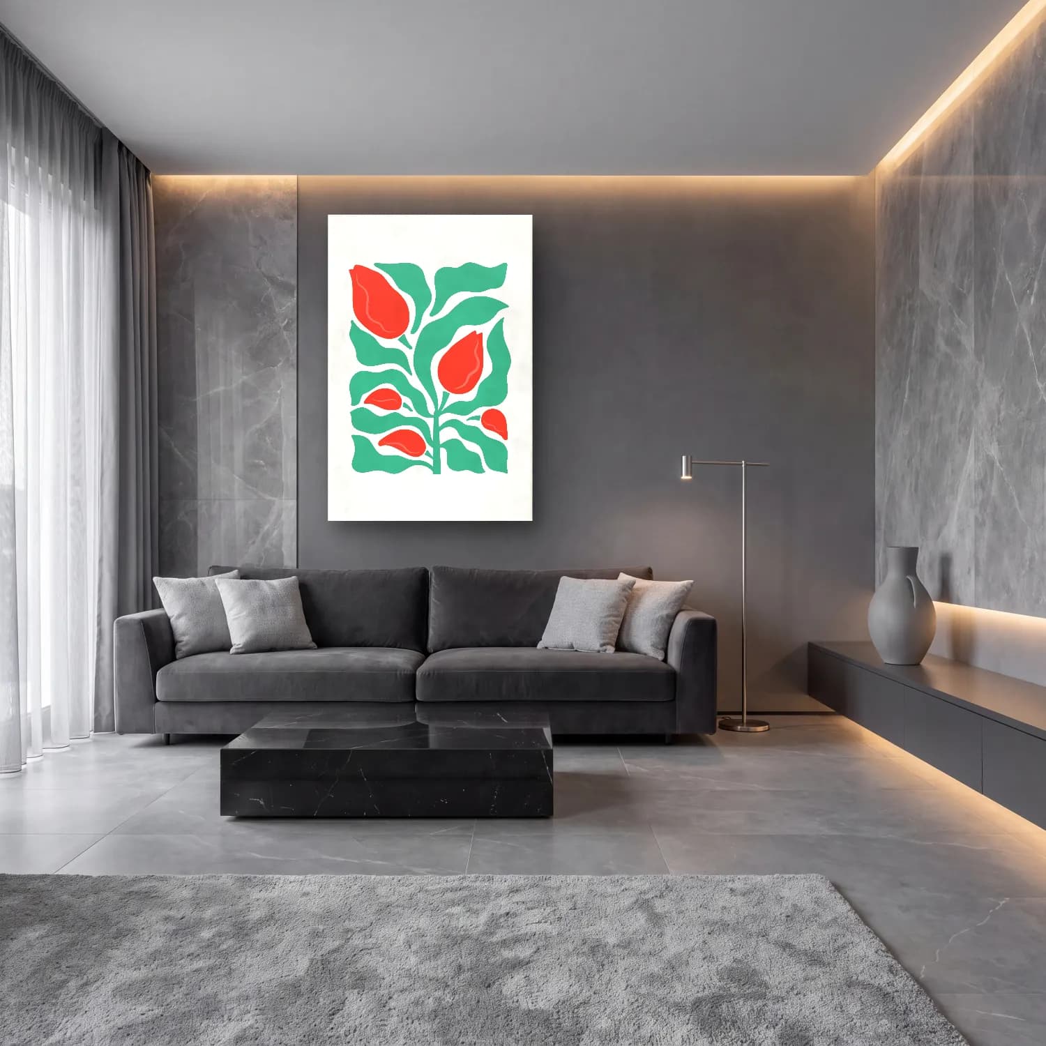 Boho Çiçek Deseni No. 26 cam tablo — lüks salon duvarında