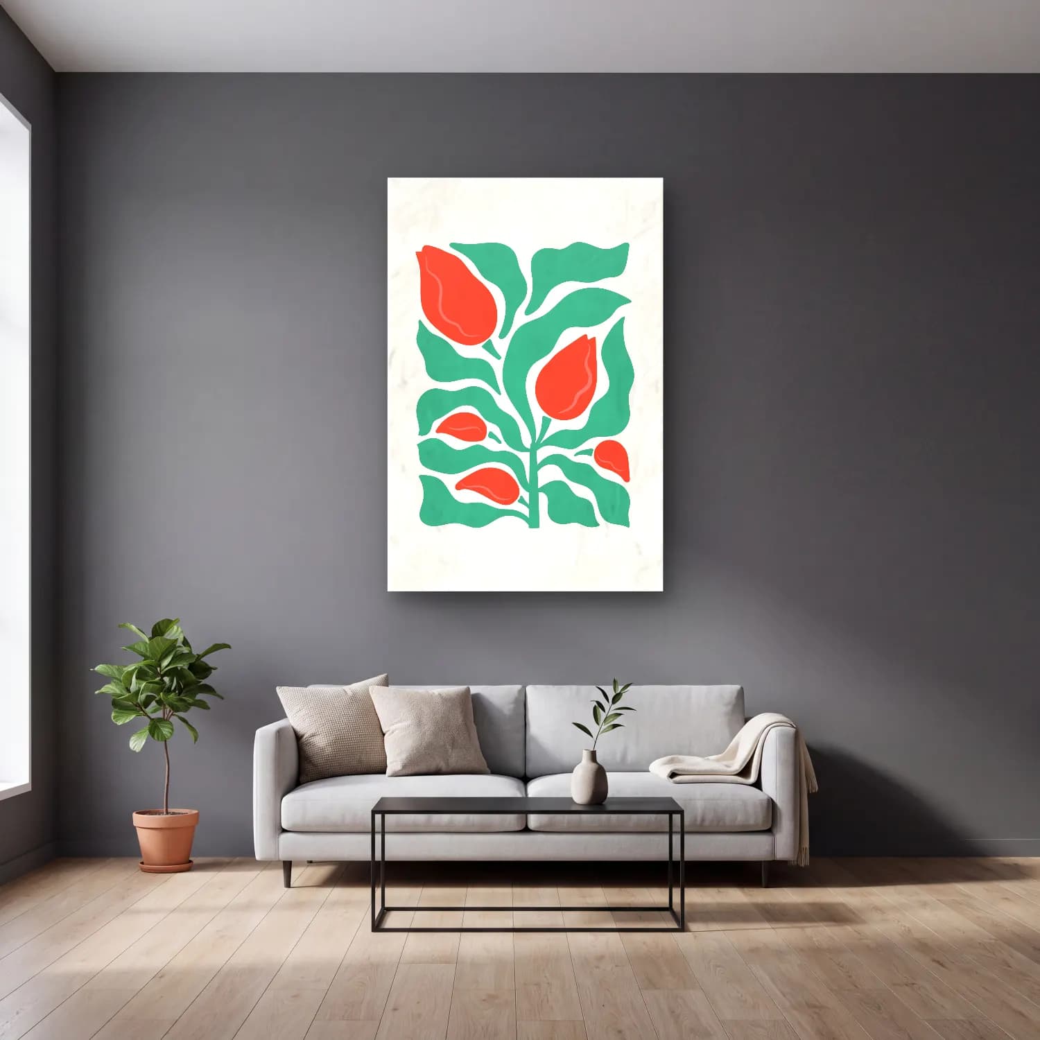 Boho Çiçek Deseni No. 26 cam tablo — gri duvarlı salonda