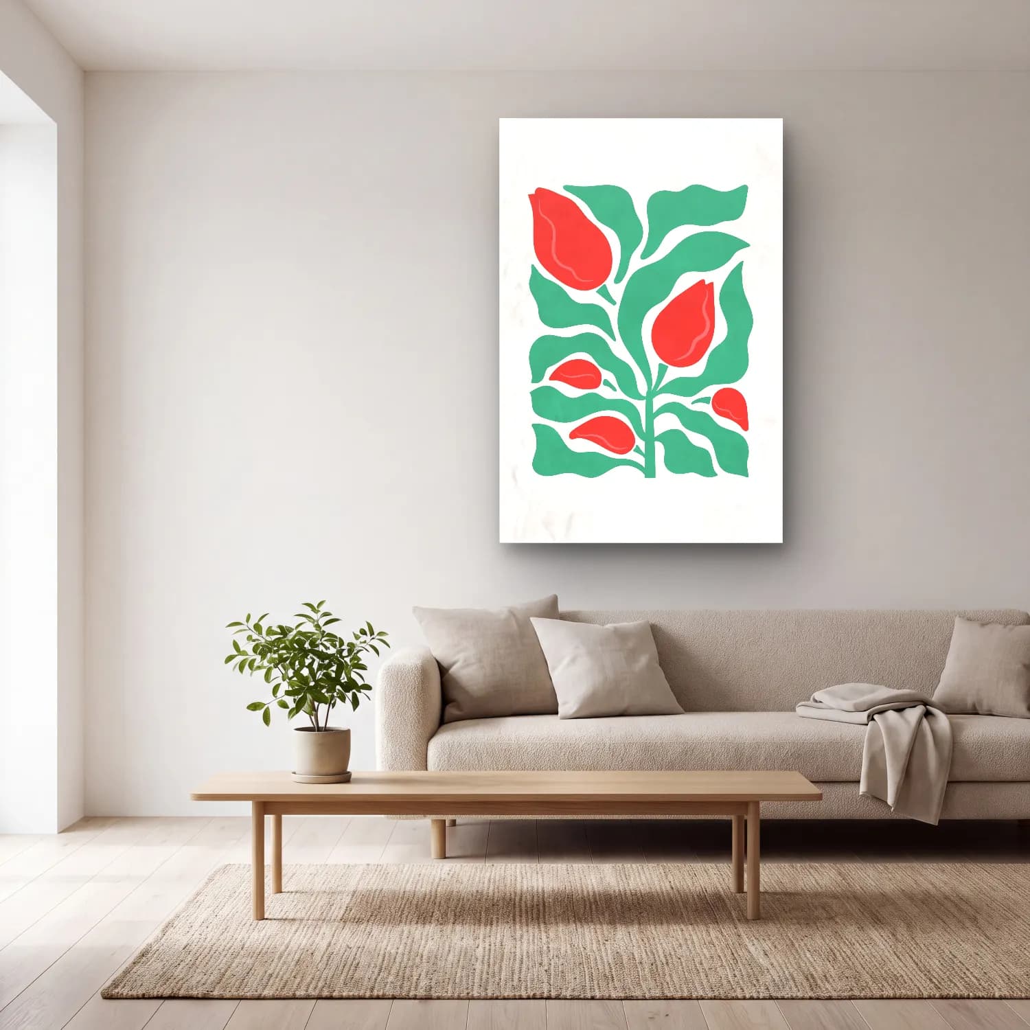 Boho Çiçek Deseni No. 26 cam tablo — açık renk salonda