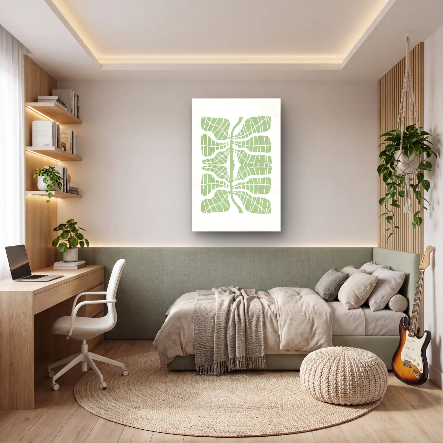 Boho Dalgalı Çizgiler – Yeşil Tonlar cam tablo — genç odasında