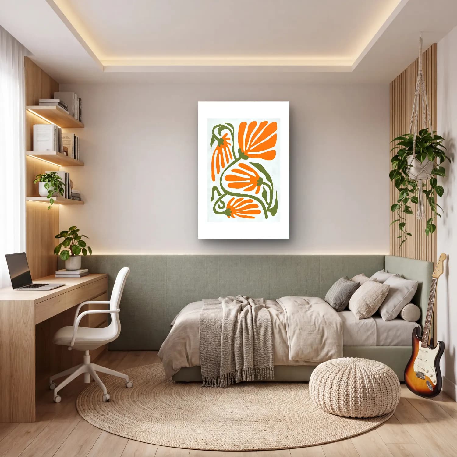 Botanik İllüstrasyon Çiçek Deseni – Turuncu Tonlar cam tablo — genç odasında