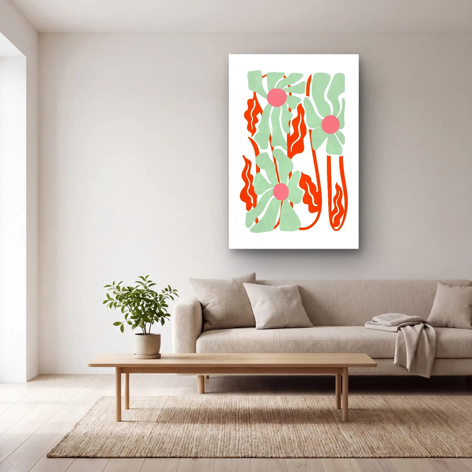 Boho Çiçek Deseni No. 29 cam tablo — açık renk salonda