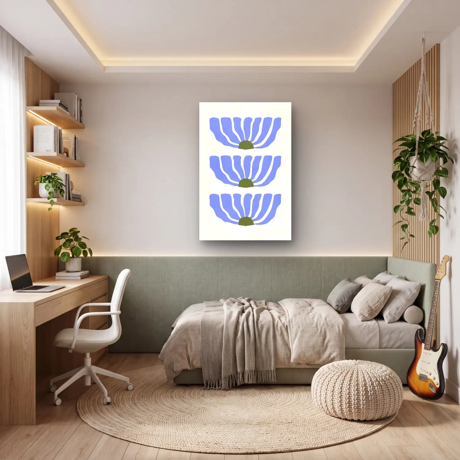 Boho Çiçek Deseni – Mavi Tonlar cam tablo — genç odasında