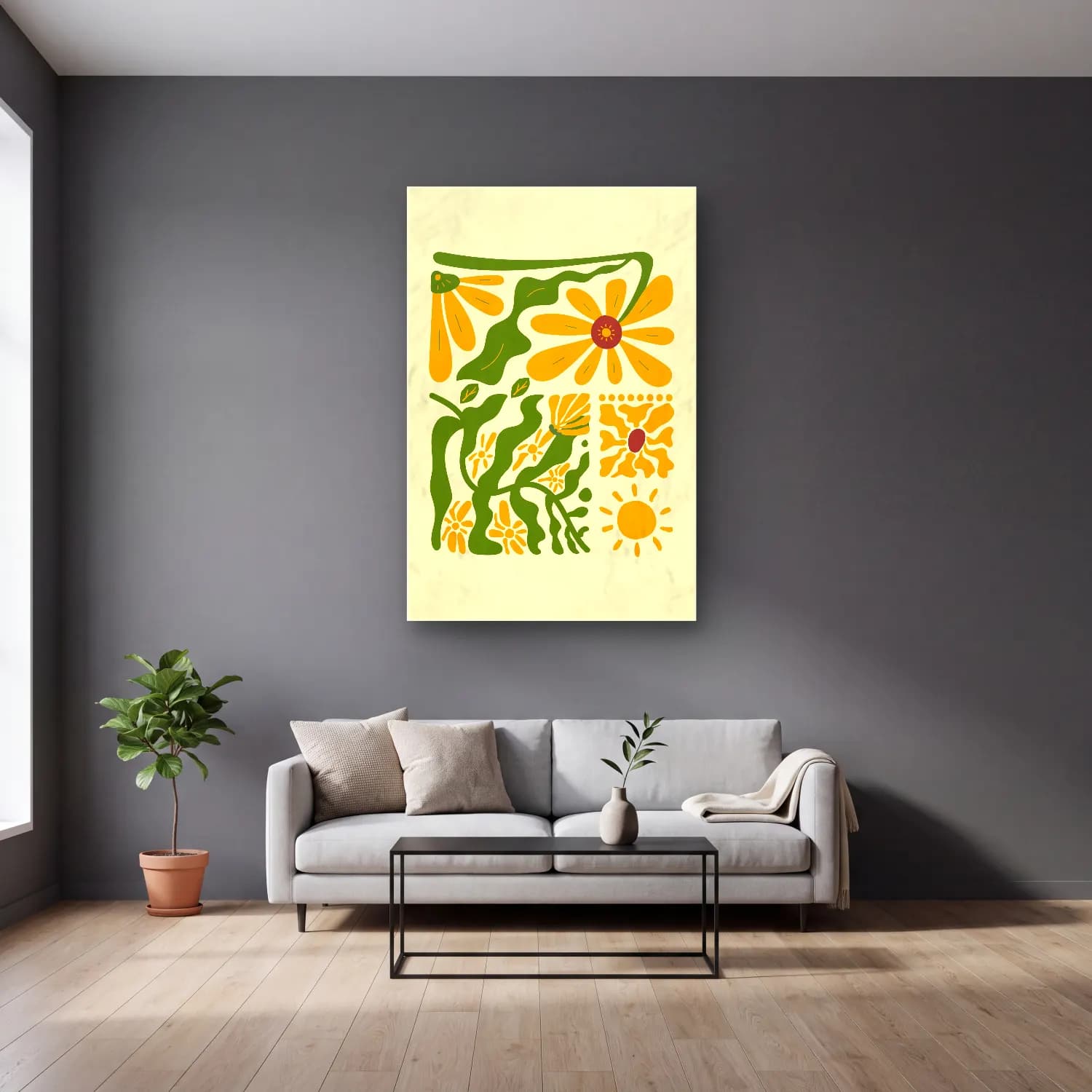 Boho Çiçek Deseni No. 33 cam tablo — gri duvarlı salonda