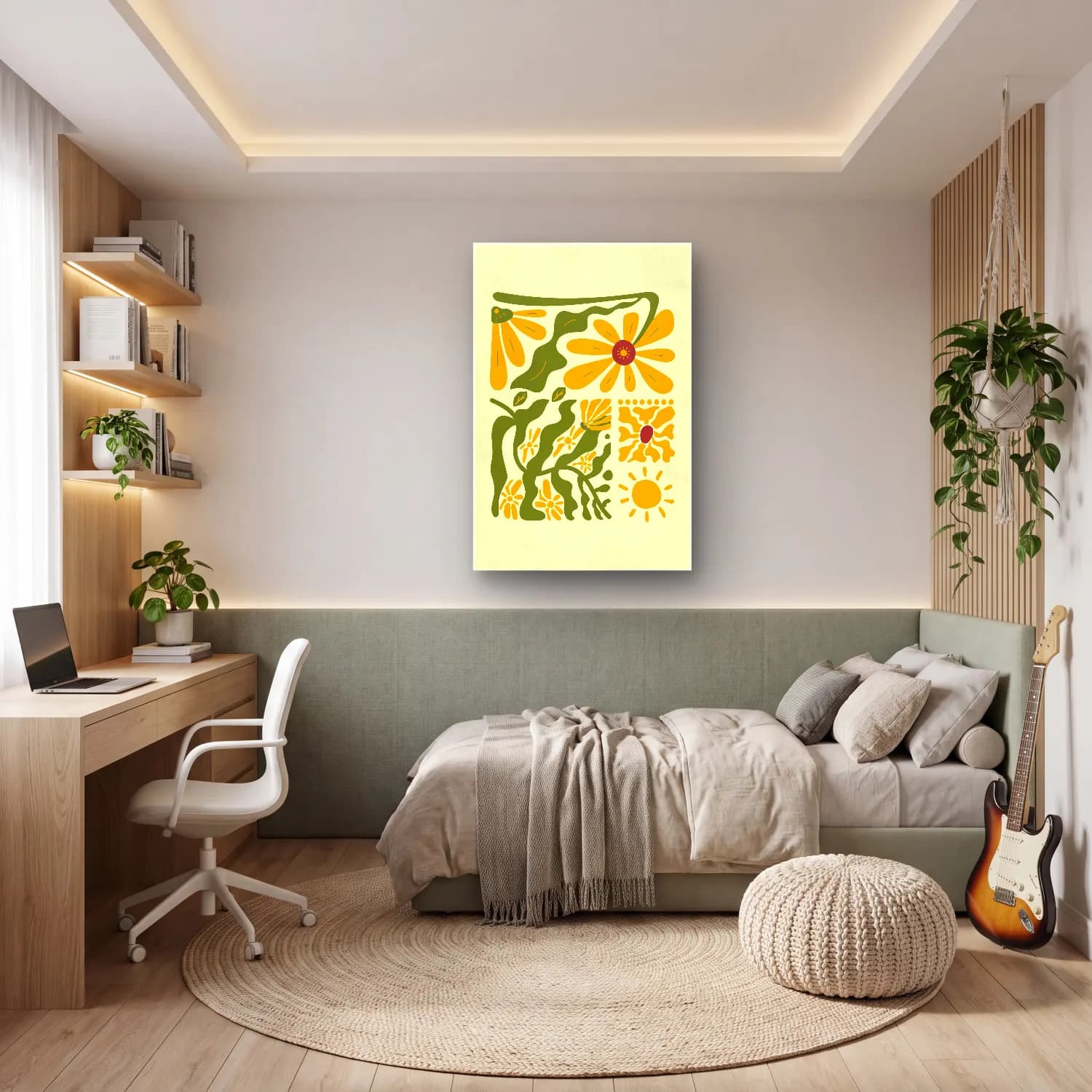 Boho Çiçek Deseni No. 33 cam tablo — genç odasında