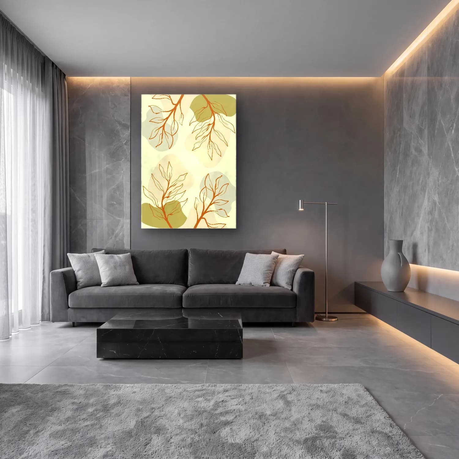 Boho Çiçek Deseni No. 34 cam tablo — lüks salon duvarında