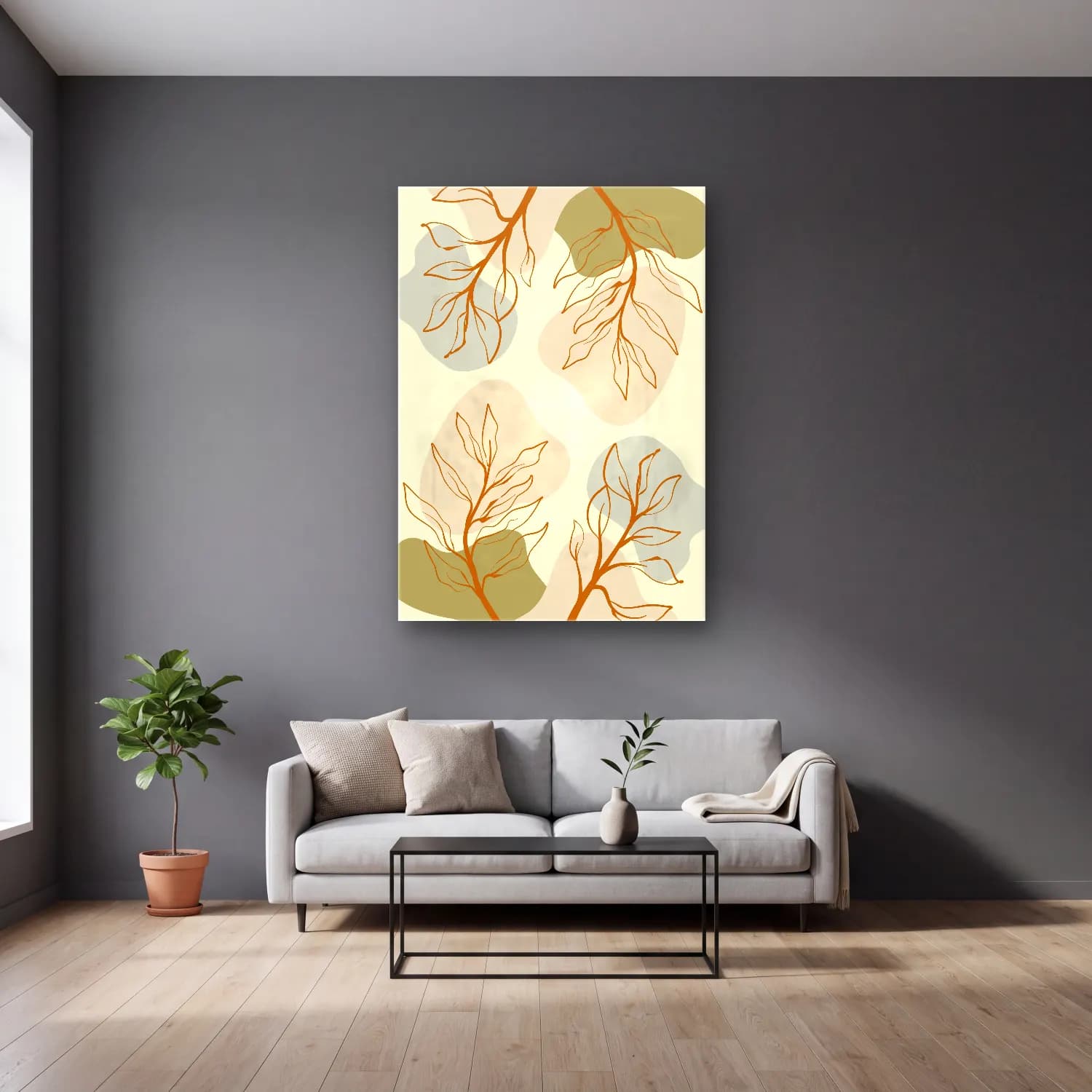 Boho Çiçek Deseni No. 34 cam tablo — gri duvarlı salonda