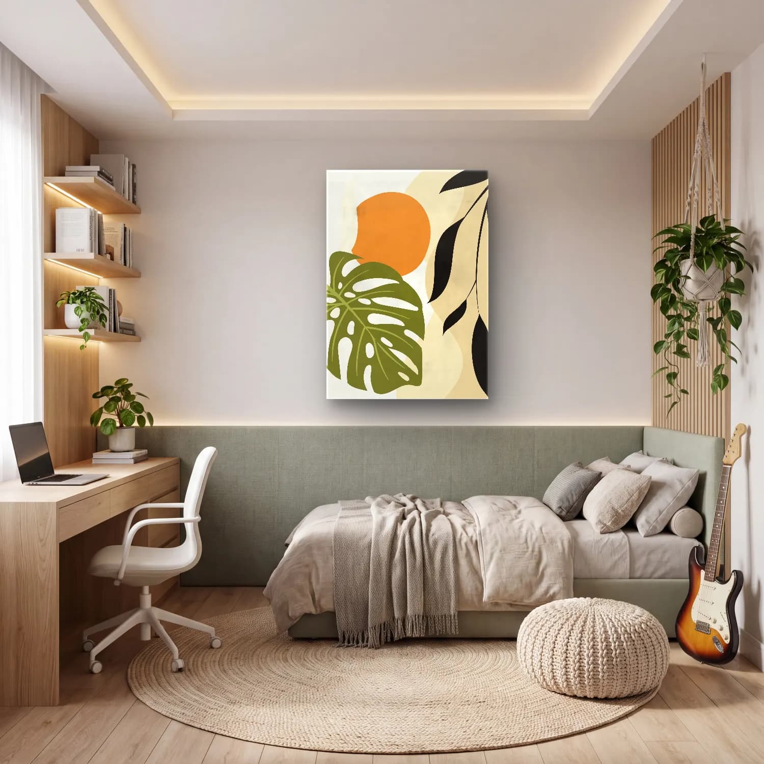 Boho Monstera Yaprağı – Bej Tonlar cam tablo — genç odasında