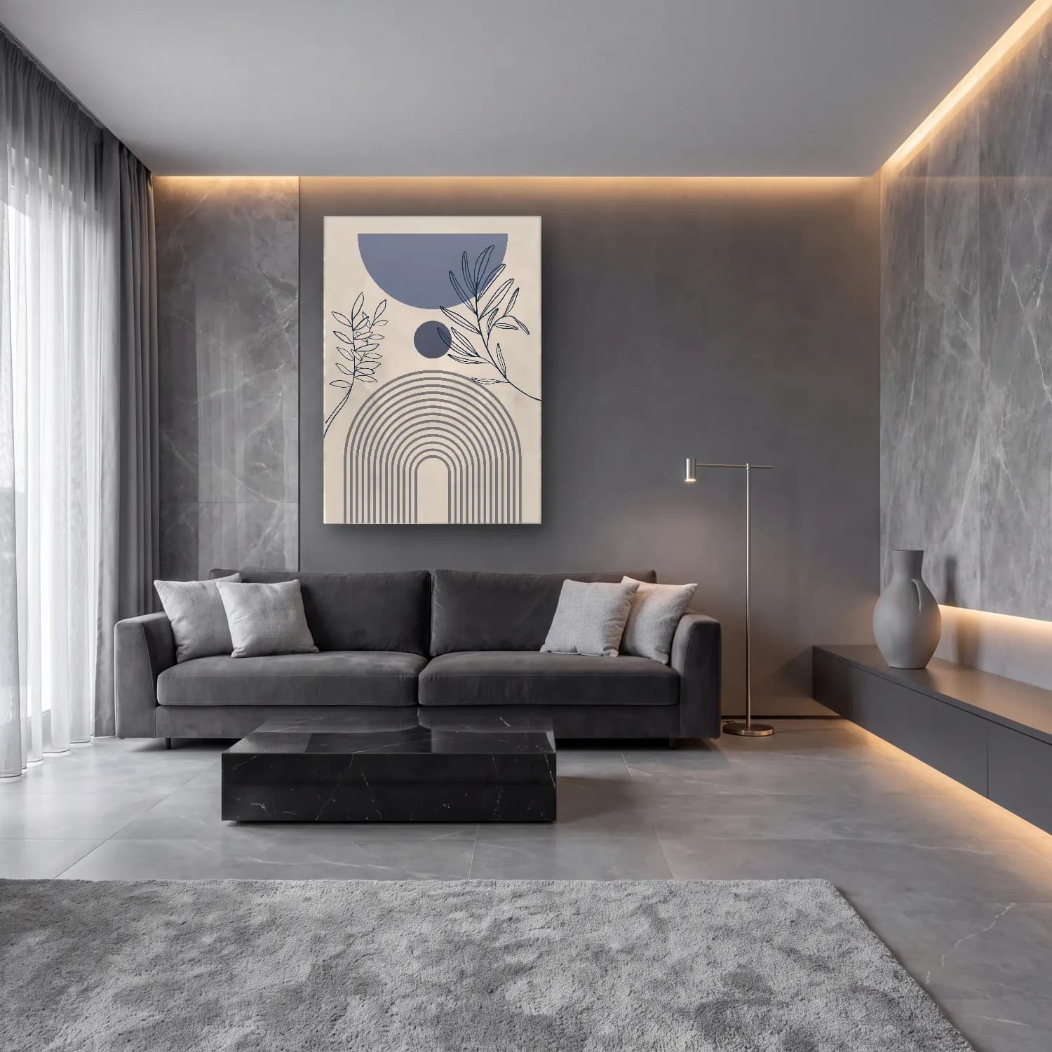 Boho Geometrik Daireler – Mavi Tonlar cam tablo — lüks salon duvarında