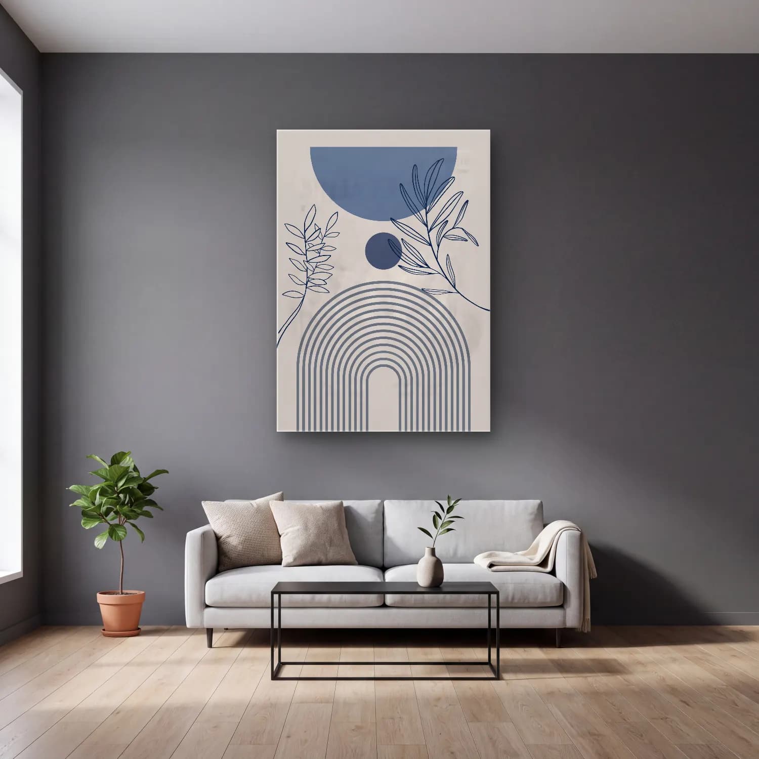 Boho Geometrik Daireler – Mavi Tonlar cam tablo — gri duvarlı salonda