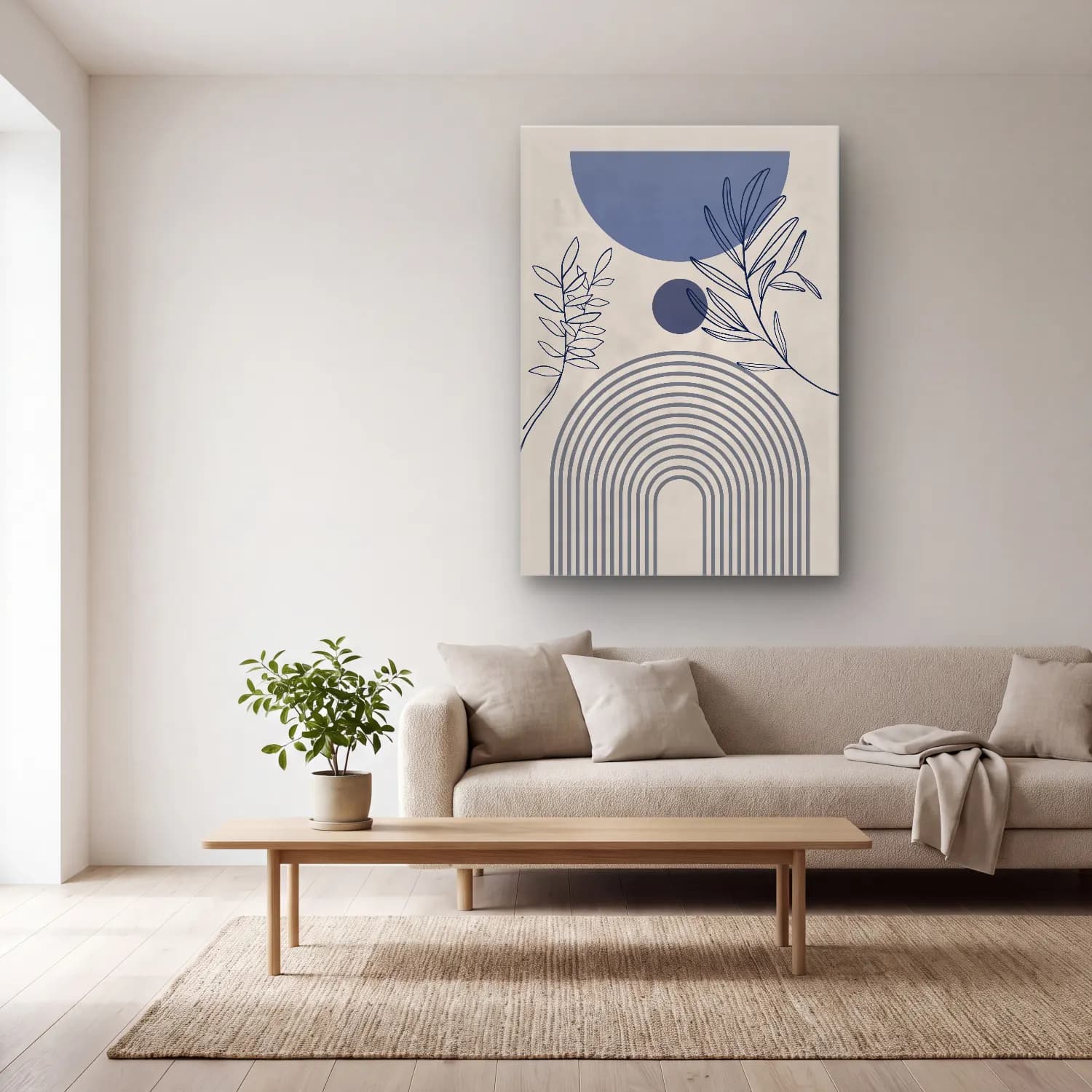 Boho Geometrik Daireler – Mavi Tonlar cam tablo — açık renk salonda