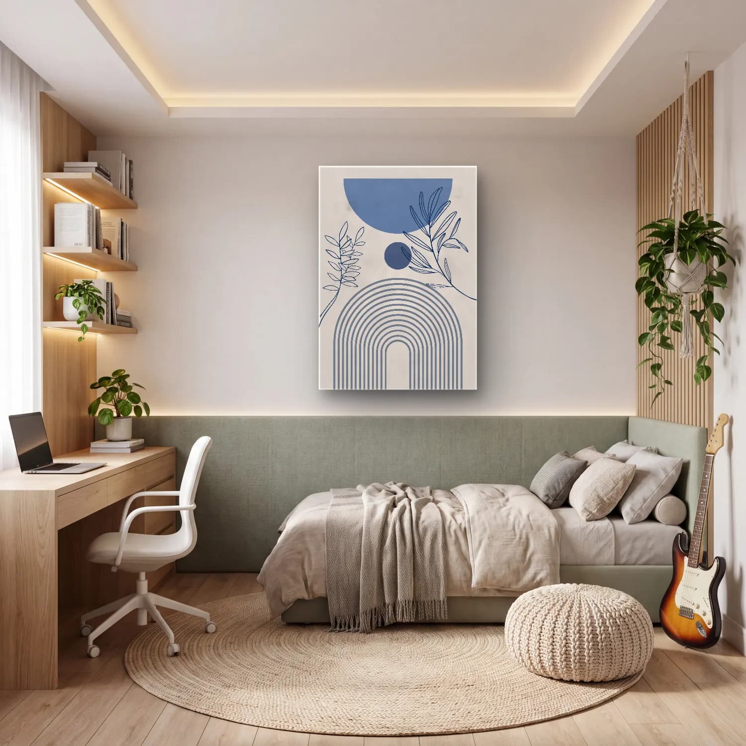 Boho Geometrik Daireler – Mavi Tonlar cam tablo — genç odasında