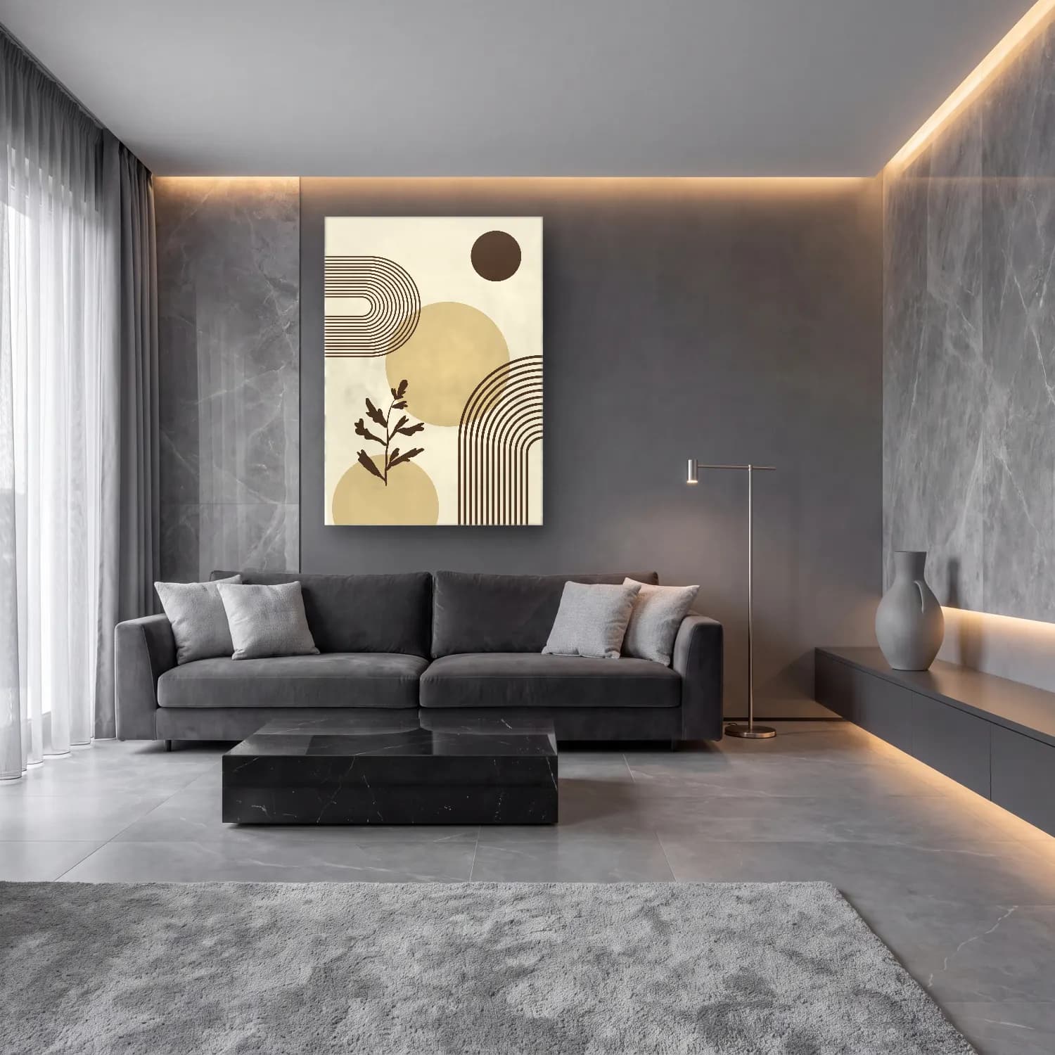 Boho Geometrik Daireler No. 15 cam tablo — lüks salon duvarında