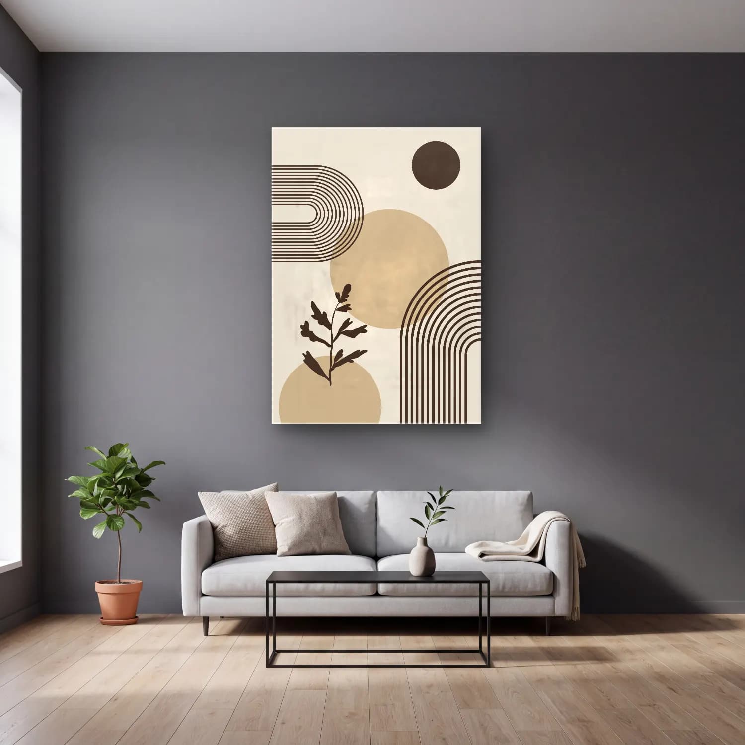 Boho Geometrik Daireler No. 15 cam tablo — gri duvarlı salonda