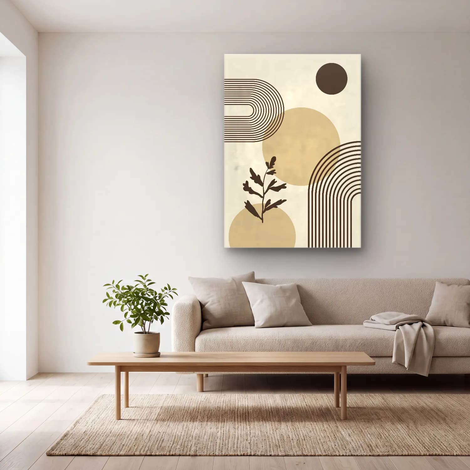 Boho Geometrik Daireler No. 15 cam tablo — açık renk salonda