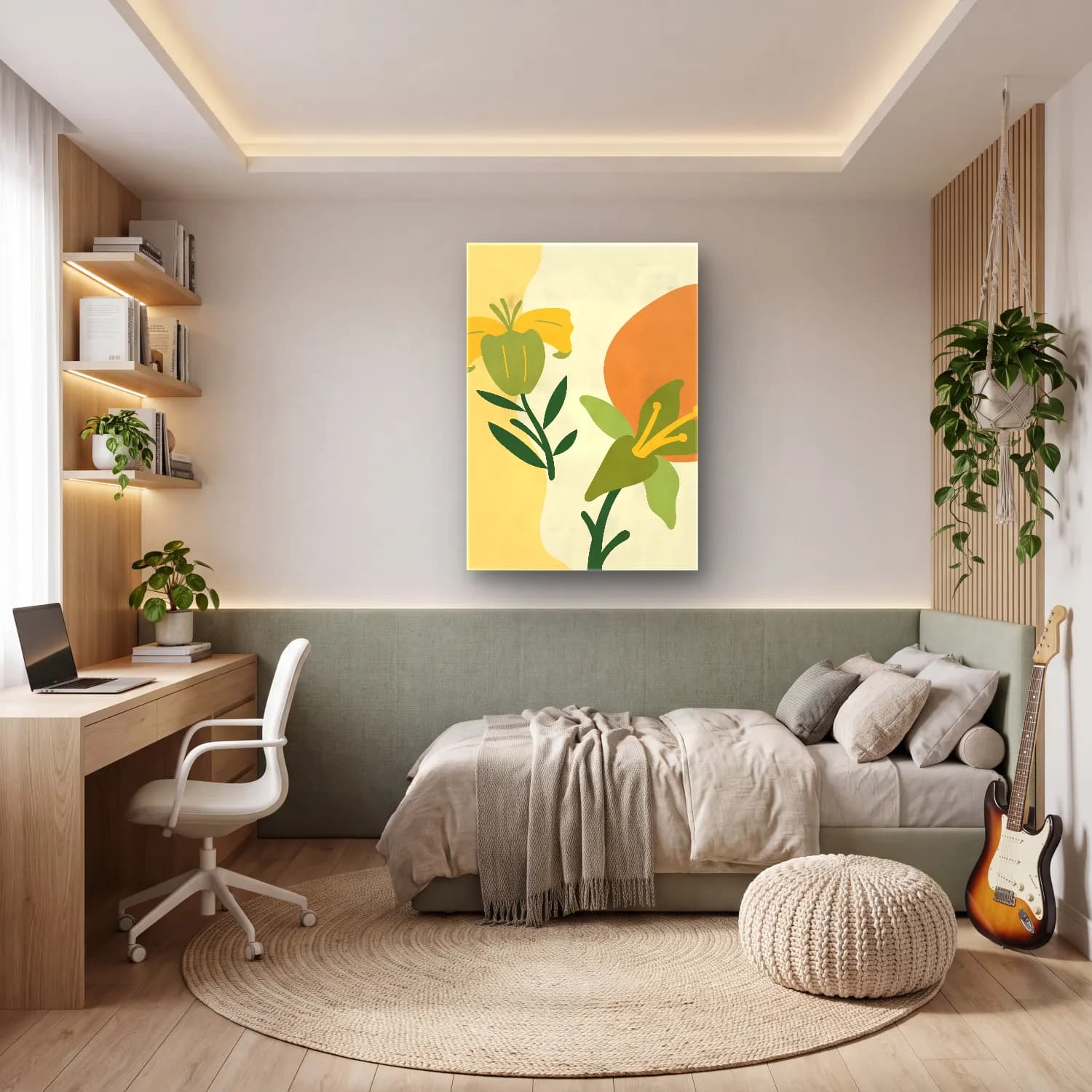 Boho Zambaklar cam tablo — genç odasında