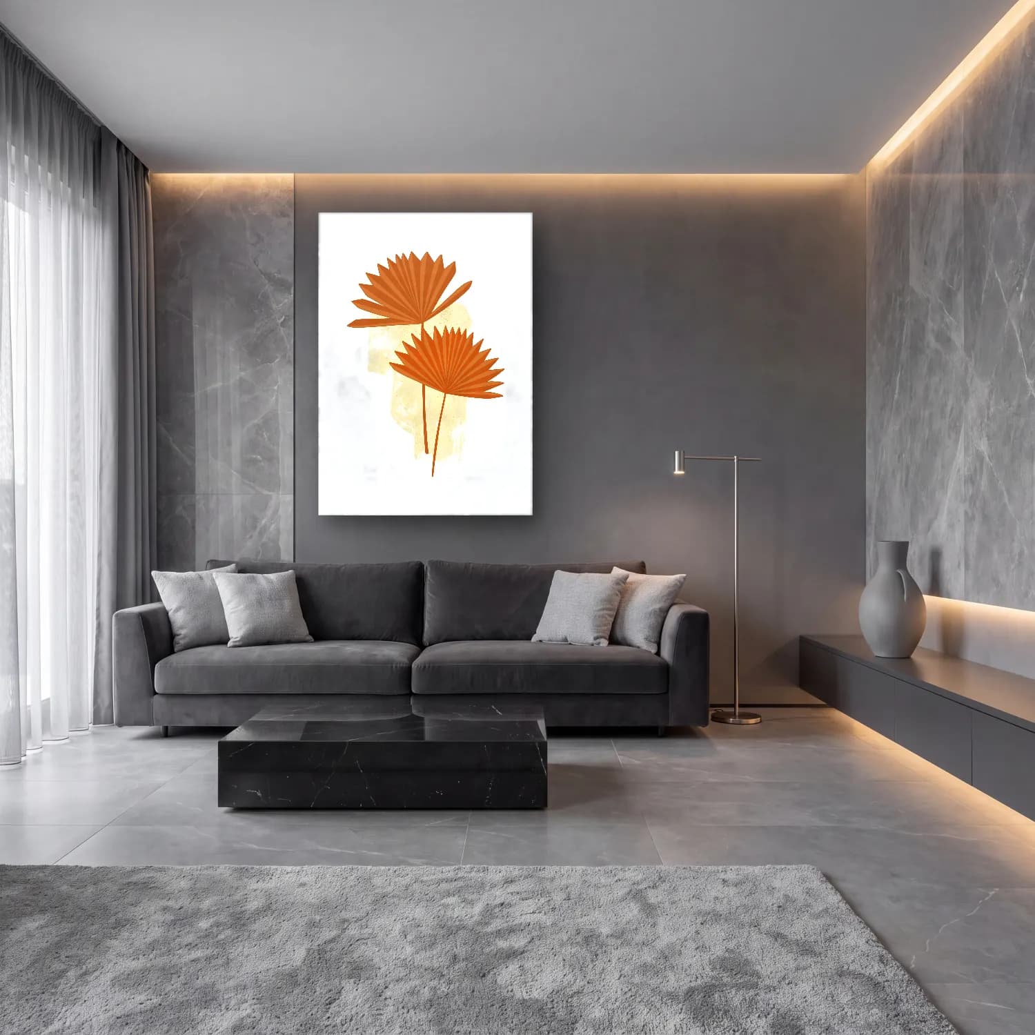 Boho Palmiye Yaprağı No. 5 cam tablo — lüks salon duvarında