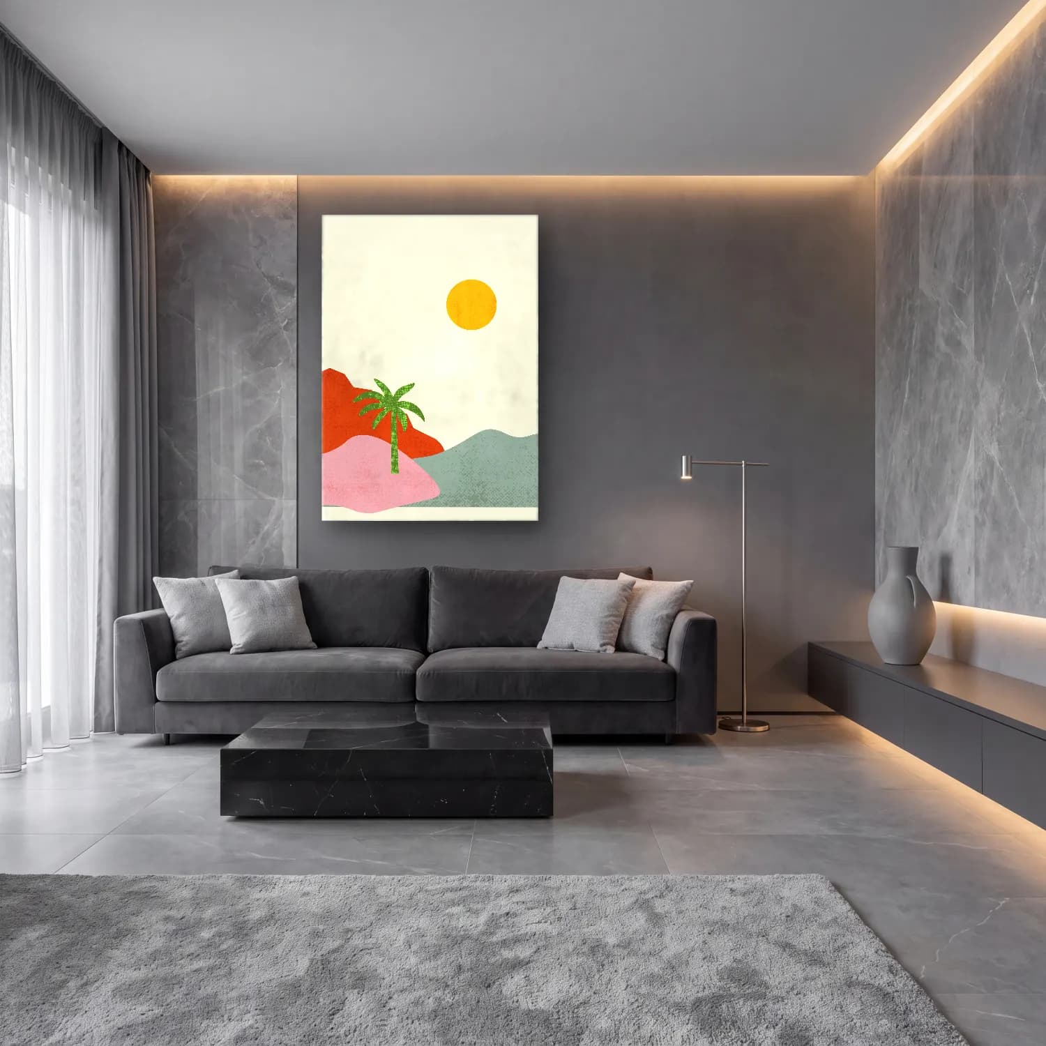 Pastel Soyut Manzara cam tablo — lüks salon duvarında