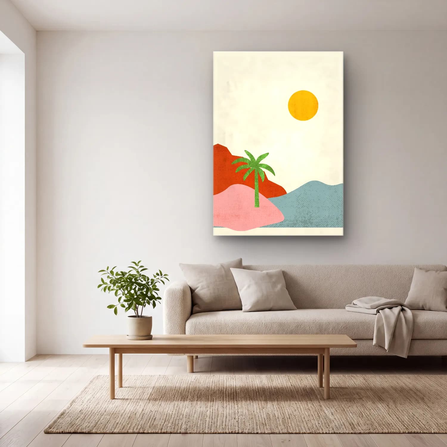Pastel Soyut Manzara cam tablo — açık renk salonda