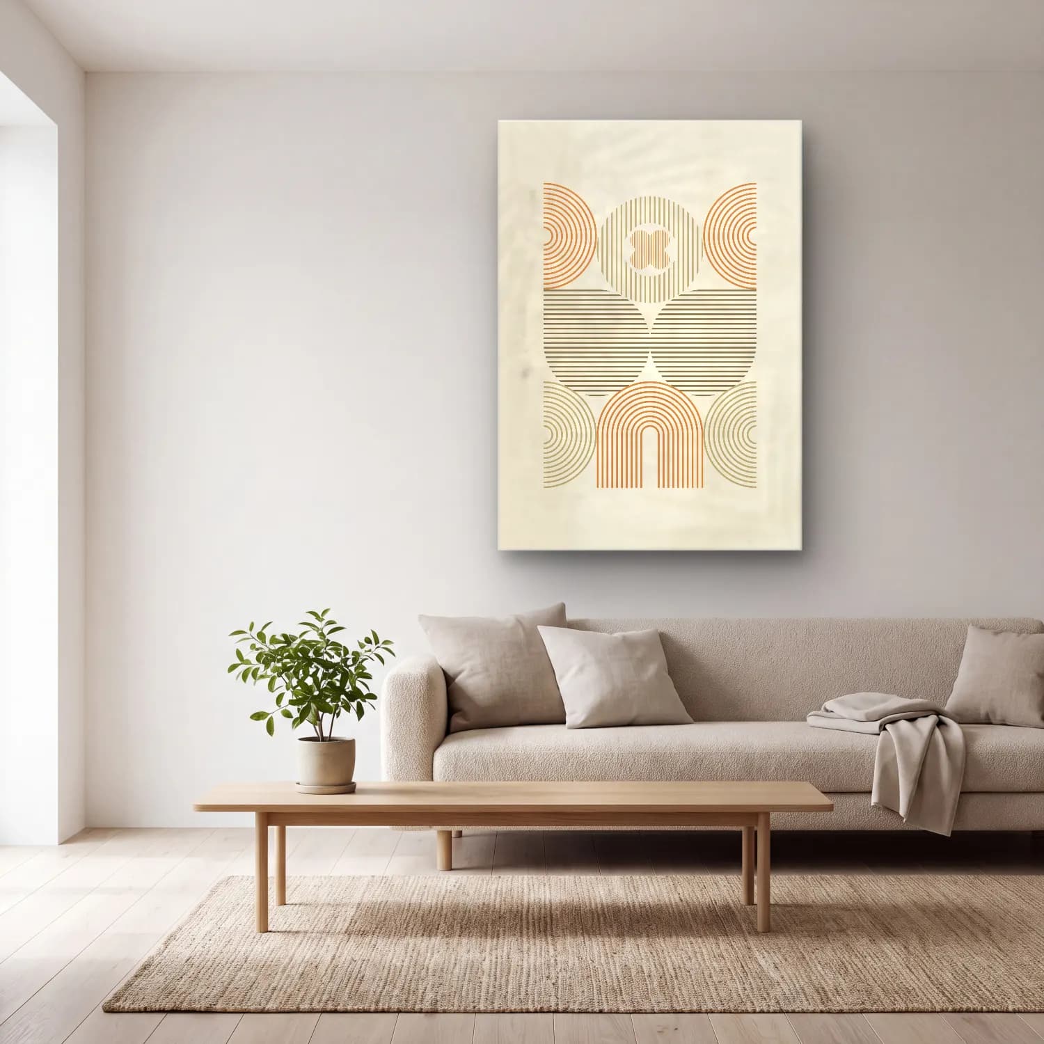 Boho Geometrik Daireler No. 18 cam tablo — açık renk salonda