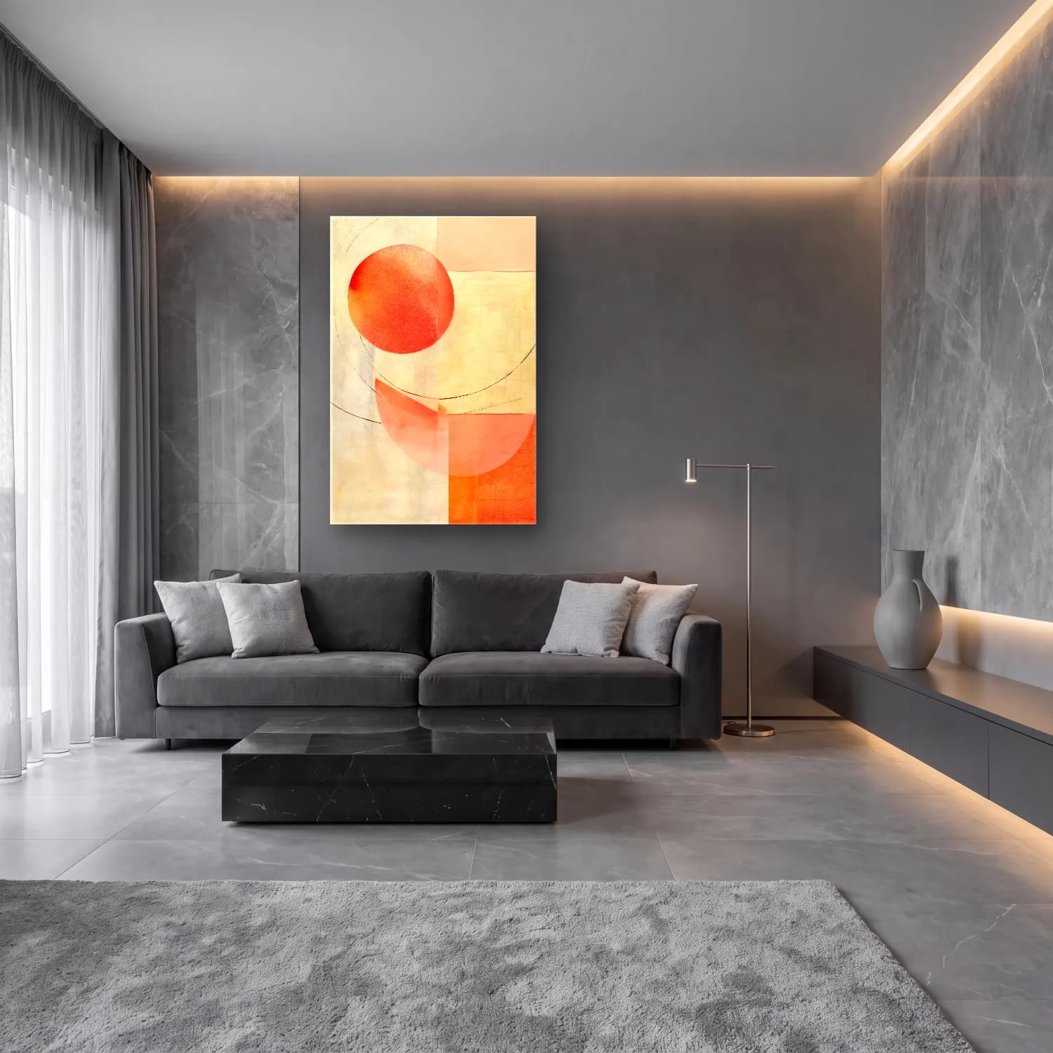 Modern Soyut Geometrik Daireler No. 14 cam tablo — lüks salon duvarında