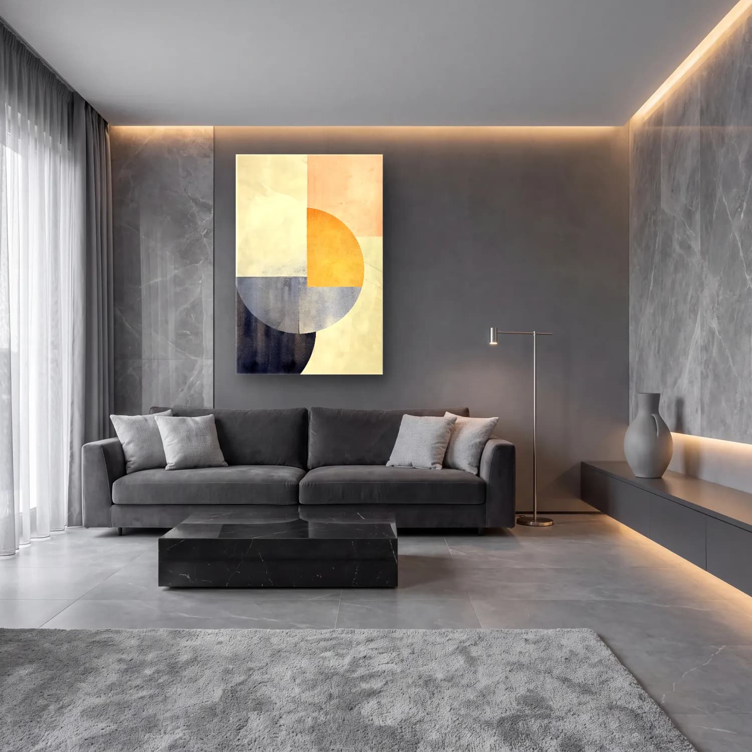 Modern Soyut Geometrik Daireler No. 17 cam tablo — lüks salon duvarında
