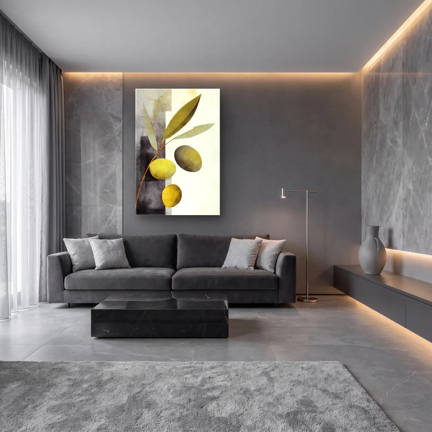 Modern Soyut Zeytin Dalı cam tablo — lüks salon duvarında