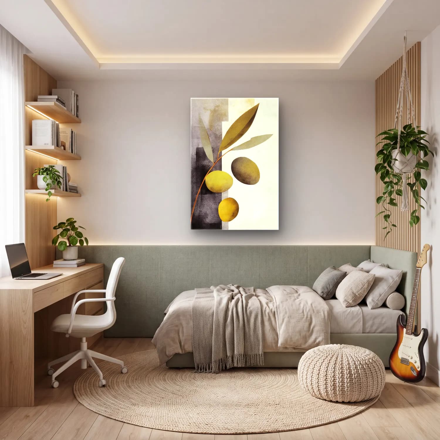 Modern Soyut Zeytin Dalı cam tablo — genç odasında