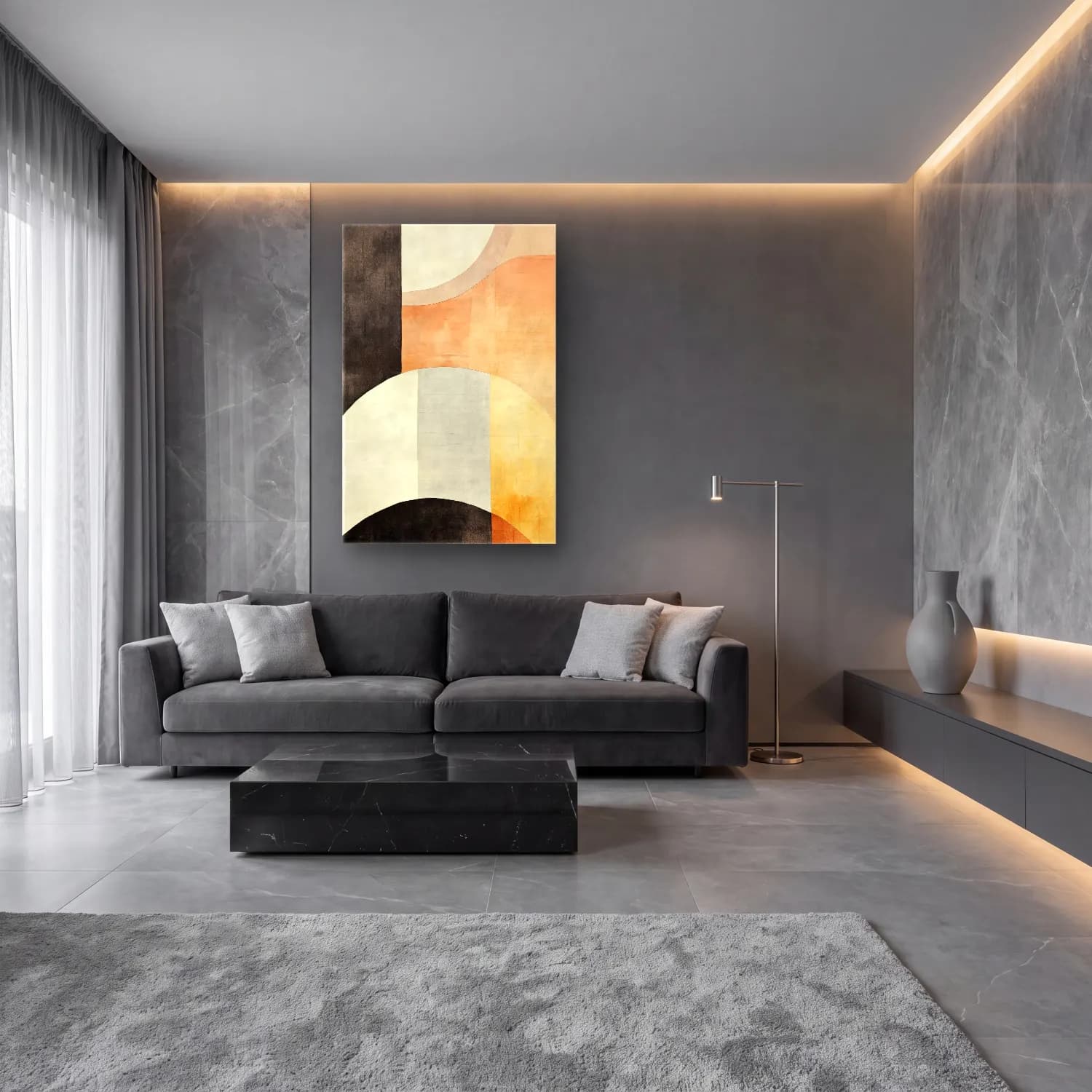 Modern Soyut Kemer No. 8 cam tablo — lüks salon duvarında