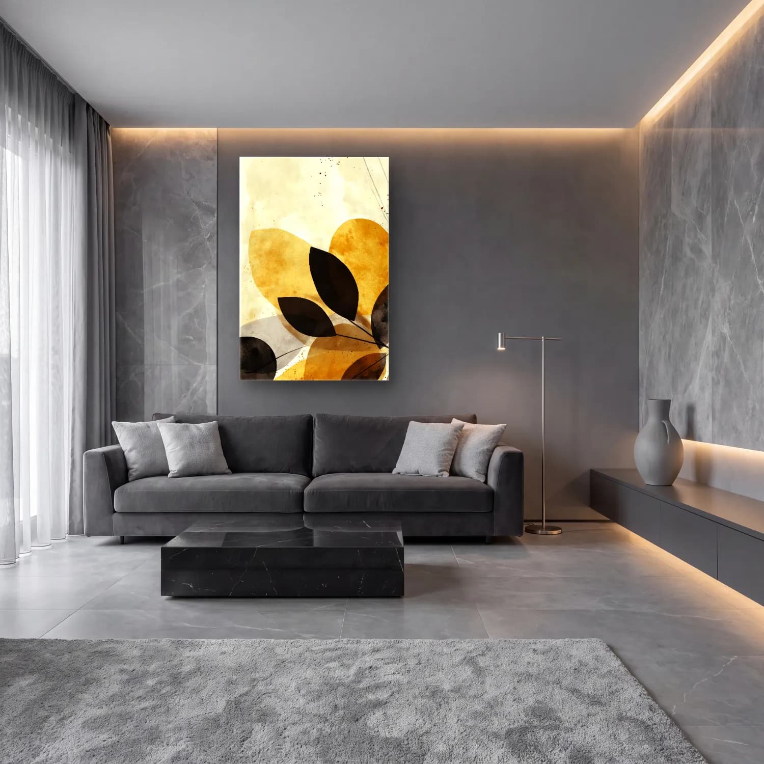 Boho Botanik Yapraklar No. 11 cam tablo — lüks salon duvarında