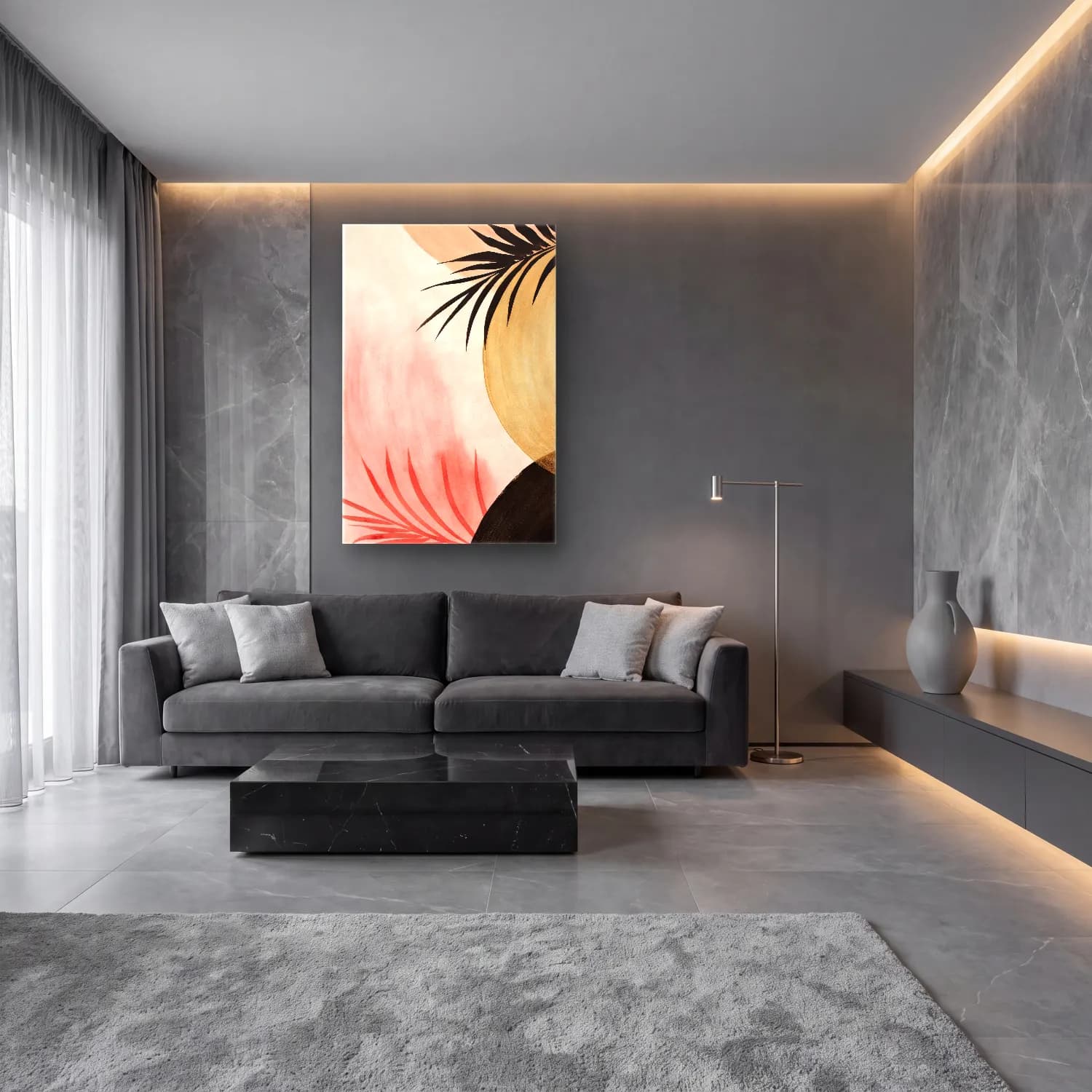 Modern Soyut Palmiye Yaprağı cam tablo — lüks salon duvarında