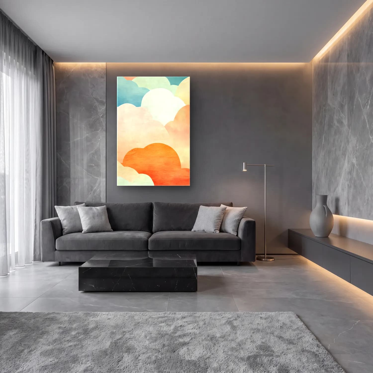 Pastel Gün Batımı Gökyüzü cam tablo — lüks salon duvarında