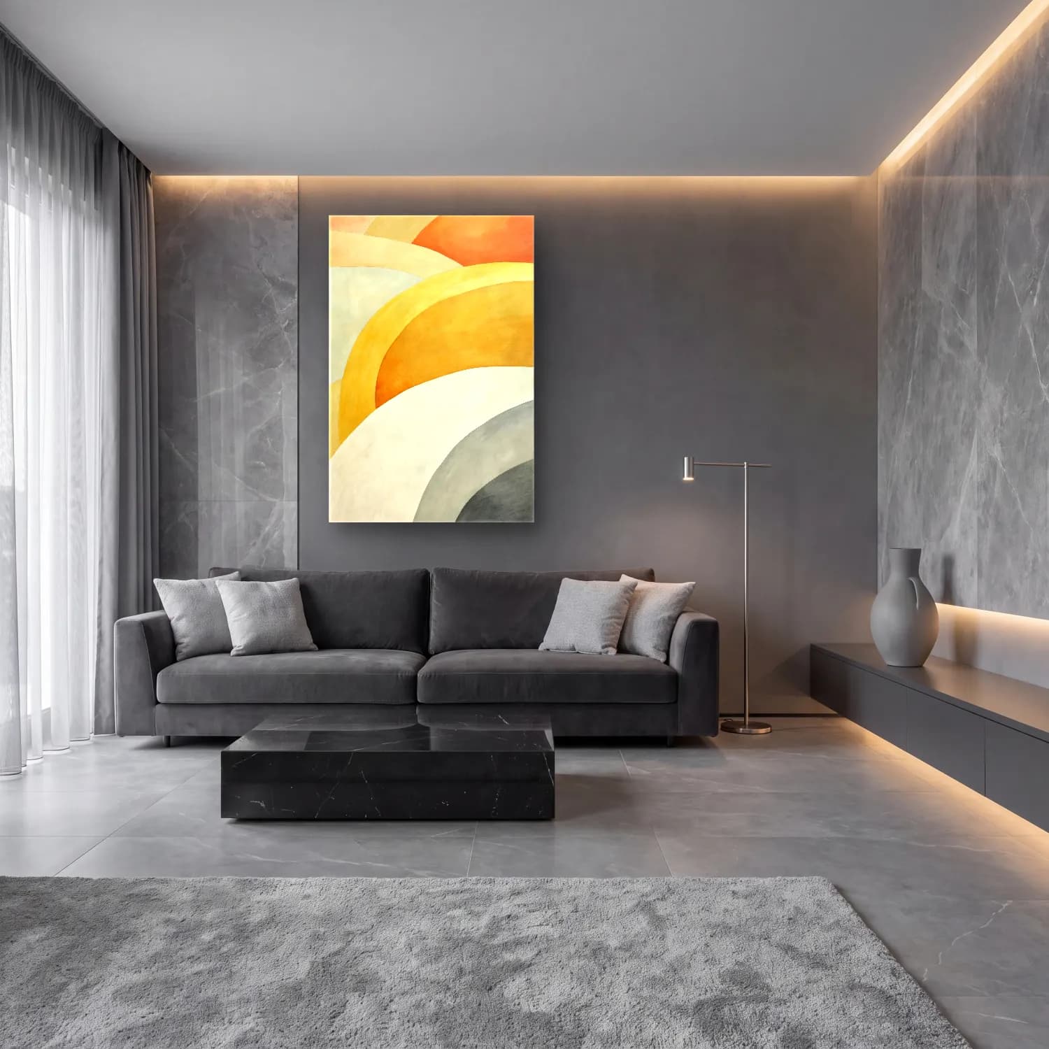 Modern Soyut Kemer No. 12 cam tablo — lüks salon duvarında