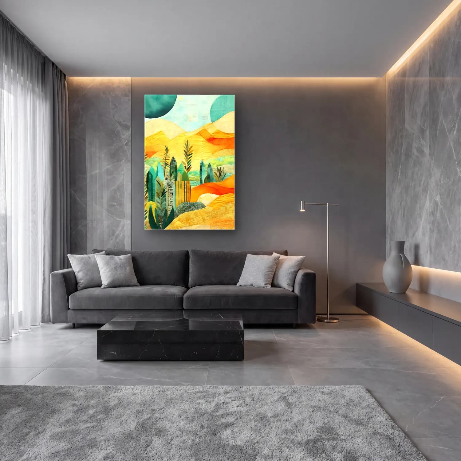 Boho Çöl Kumulları cam tablo — lüks salon duvarında