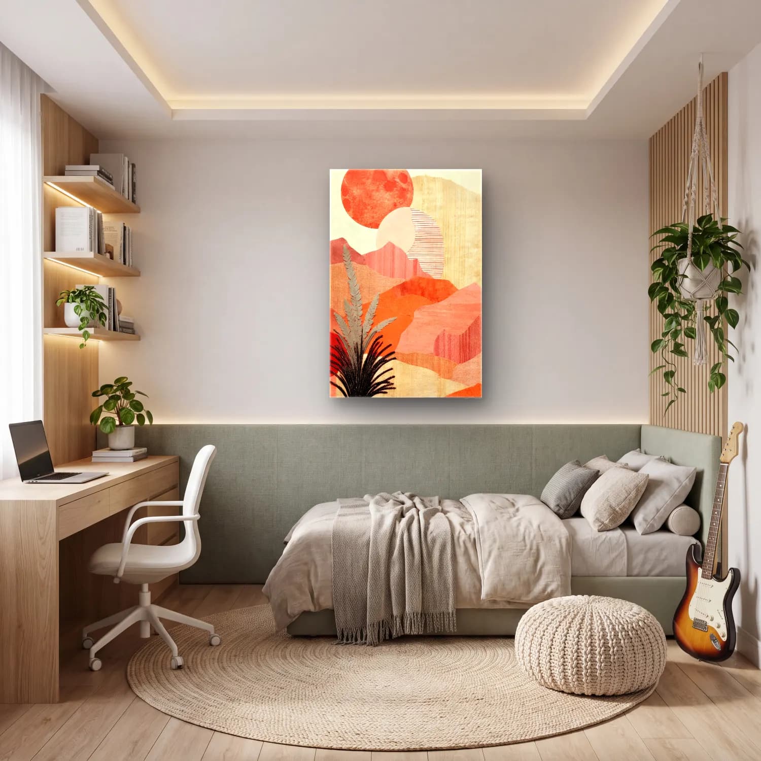 Boho Soyut Manzara cam tablo — genç odasında
